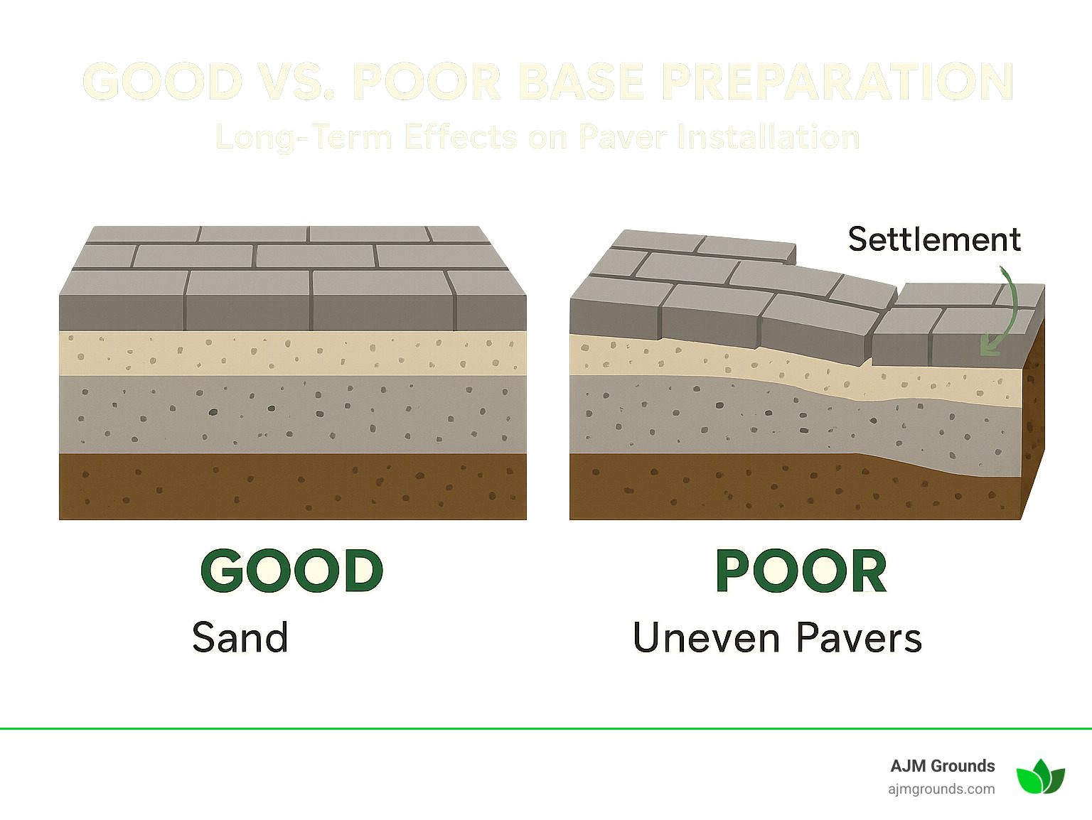 Comparison of good vs. poor base preparation showing long-term effects on paver installation - paver contractors near me infographic 