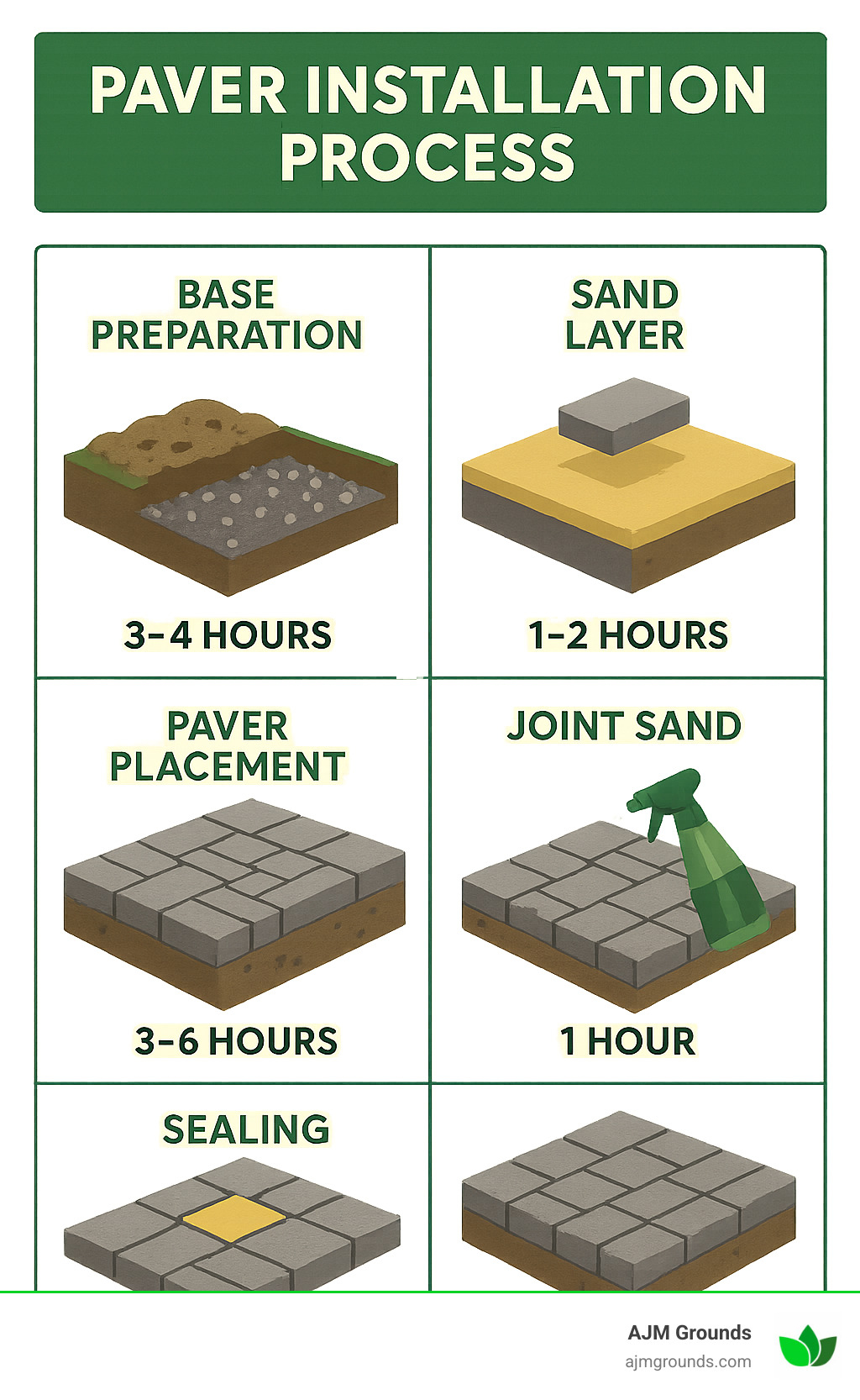 Step-by-step paver installation process showing base preparation, sand layer, paver placement, joint sand application, and sealing with average timeframes for each phase - paver contractors near me infographic 