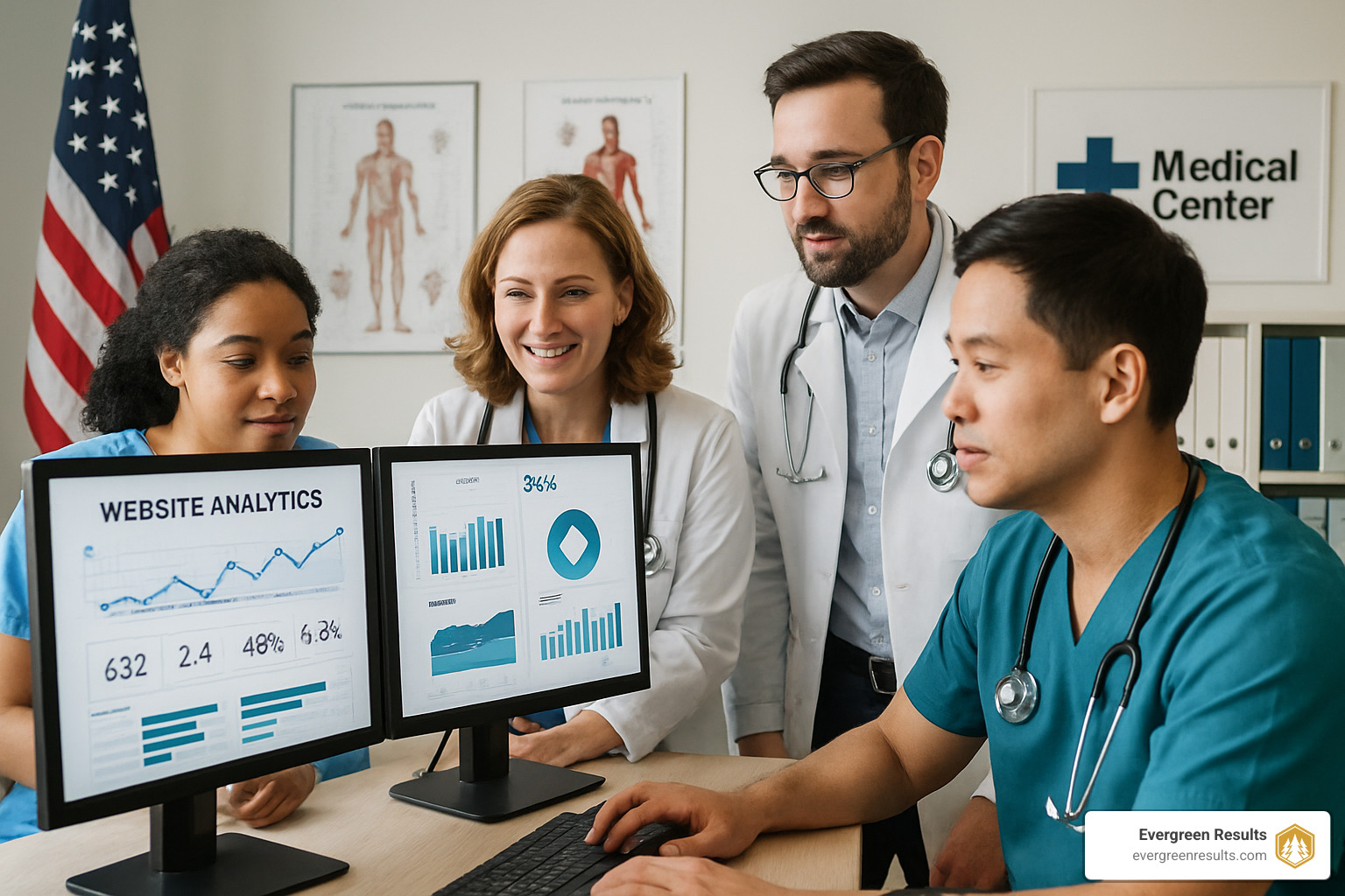 healthcare professionals reviewing website analytics on computer screens - health and wellness SEO