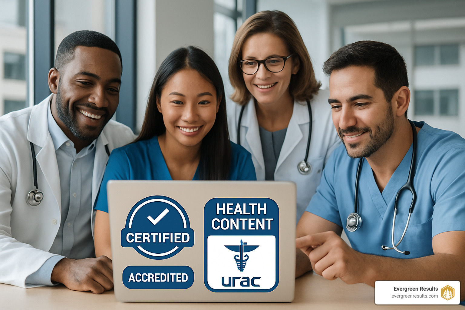 medical professionals reviewing content on a laptop with certification badges displayed - health and wellness SEO
