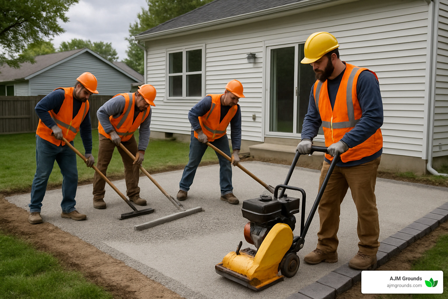 crew installing paver base layer with proper compaction equipment - paver contractors near me
