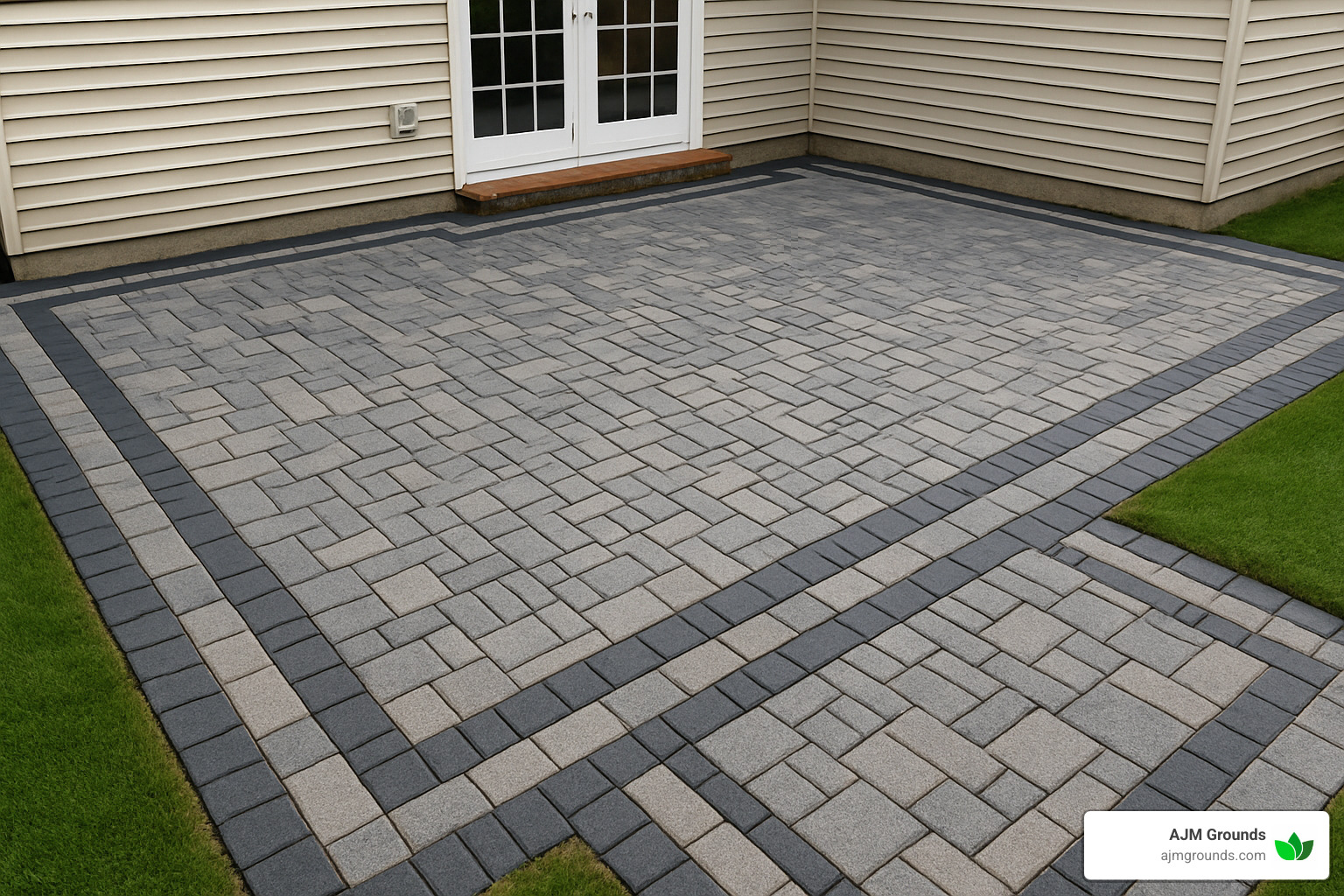 detailed paver installation with complex pattern and border - paver contractors near me