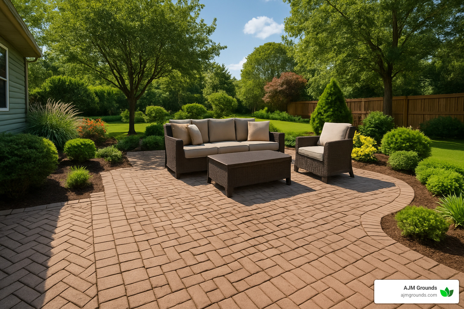 beautiful paver patio with multiple patterns and seating area - paver contractors near me