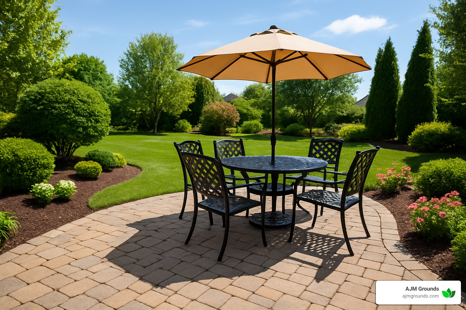 paver patio with outdoor furniture and landscaping - paver contractors near me