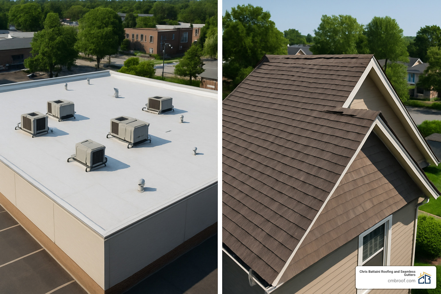low-slope commercial roof compared to steep-slope residential roof - commercial roof installation