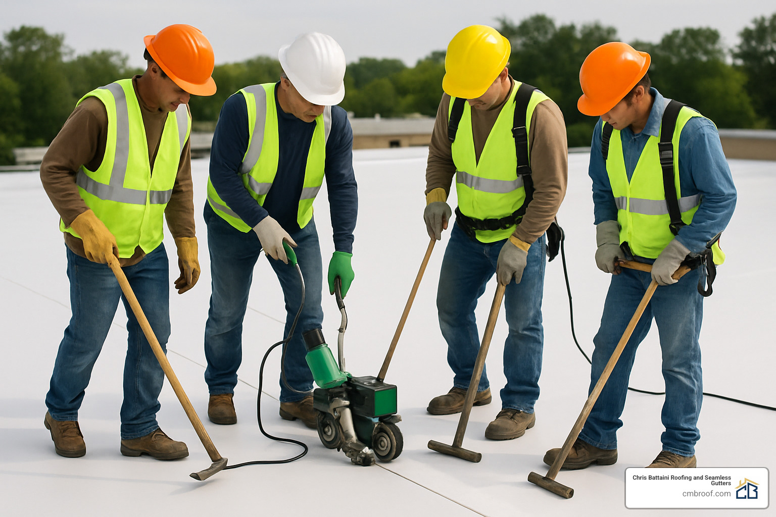 commercial roofing crew heat-welding TPO membrane seams - commercial roof installation