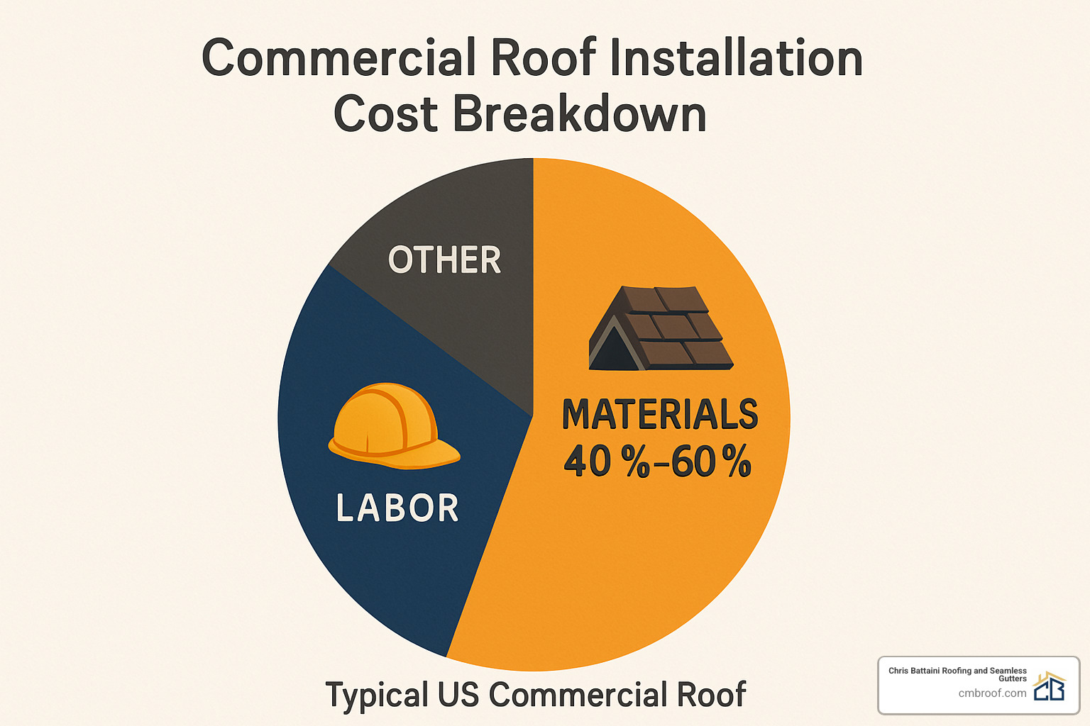 cost breakdown pie chart showing material, labor, and other expenses for commercial roof installation - commercial roof installation