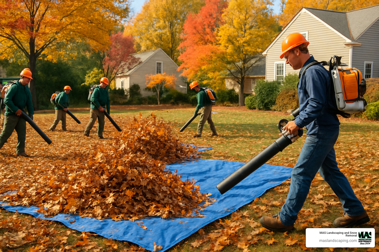 high power leaf blowers clearing a yard - Fall Yard Clean Up