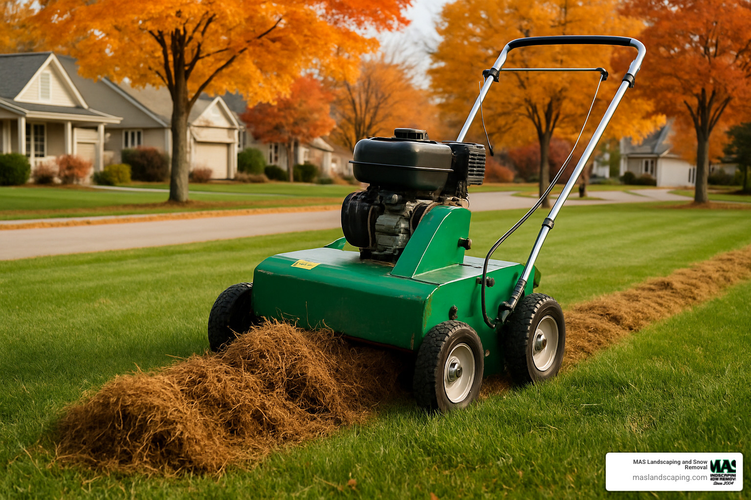 dethatching machine working on a lawn - Fall Yard Clean Up