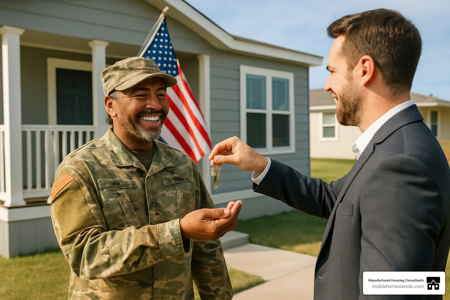 happy veteran homeowner receiving keys to new manufactured home - va loan and manufactured homes happy veteran homeowner receiving keys to new manufactured home - va loan and manufactured homes