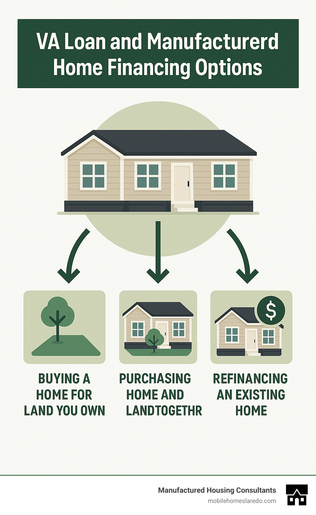 VA loan and manufactured home financing options showing three pathways: buying a home for land you own, purchasing home and land together, and refinancing an existing home - va loan and manufactured homes infographic VA loan and manufactured home financing options showing three pathways: buying a home for land you own, purchasing home and land together, and refinancing an existing home - va loan and manufactured homes infographic