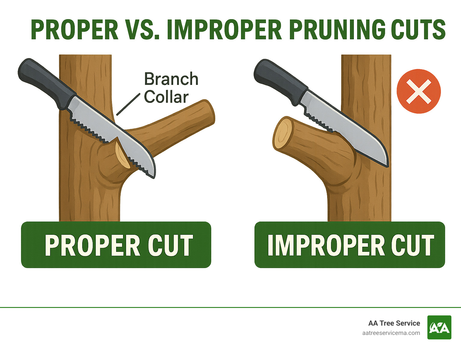 Infographic showing proper vs improper pruning cuts, with clear illustrations of branch collar and proper cut angles - tree trimming services infographic