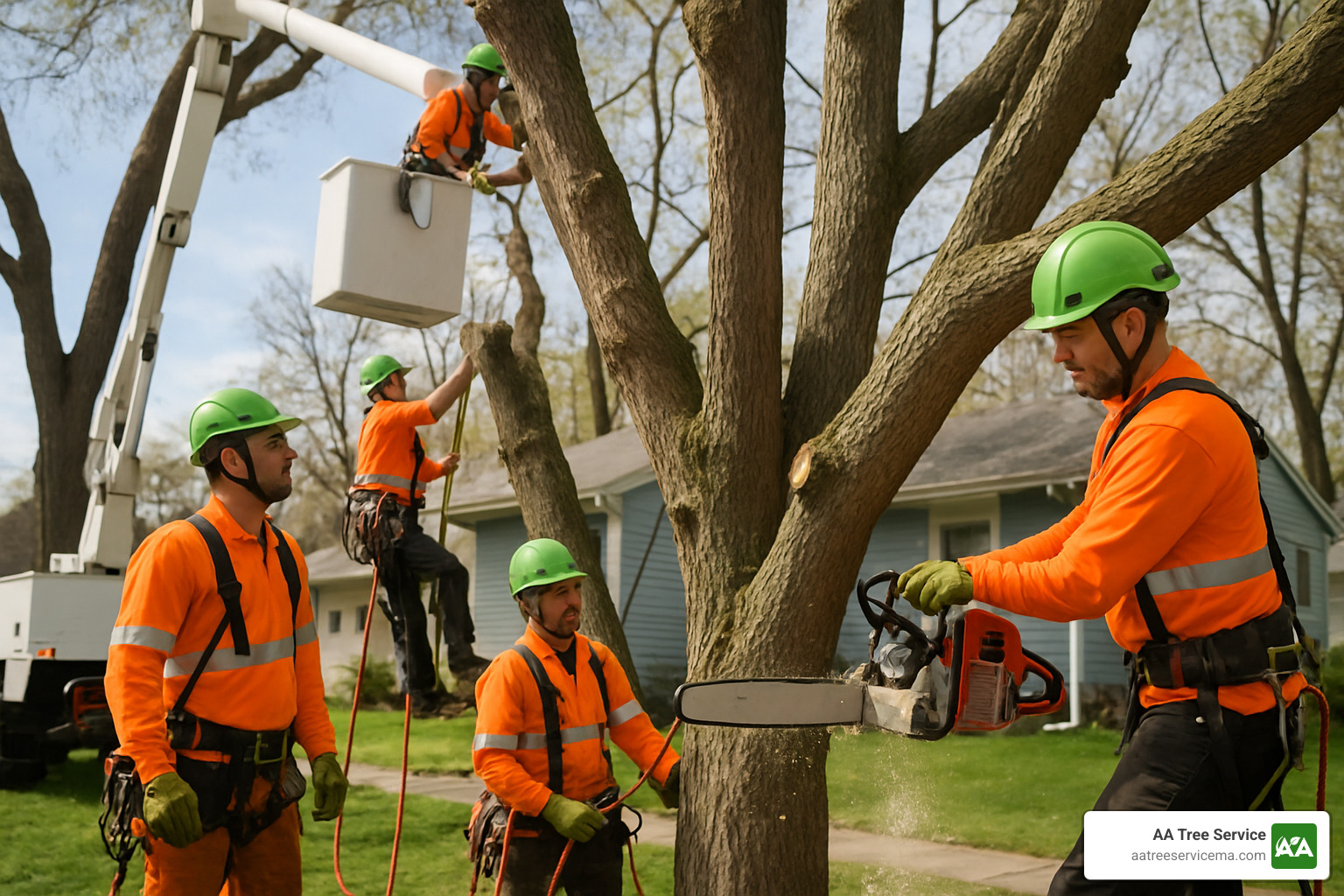 Professional arborist crew with modern equipment and safety gear - tree trimming services