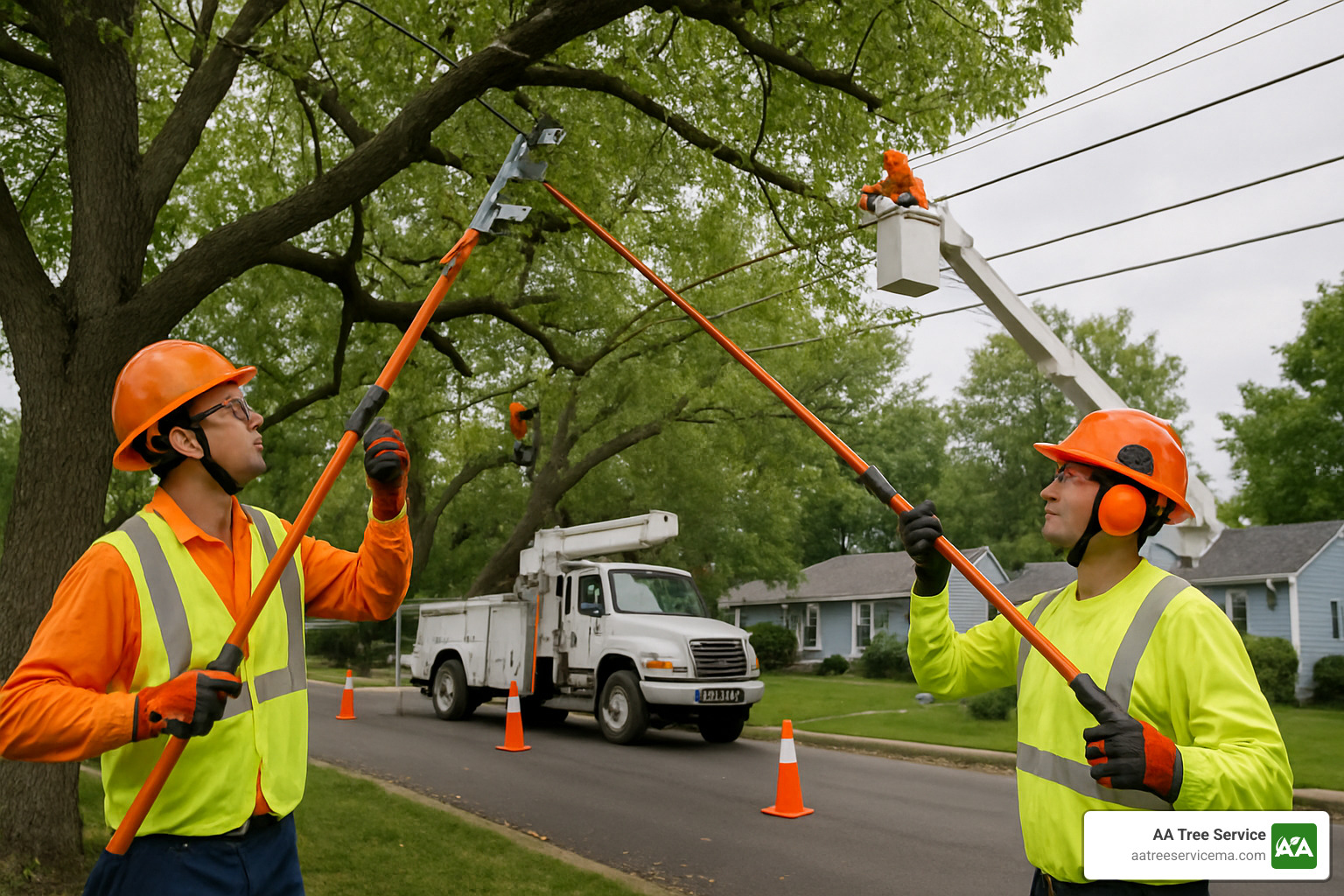 Specialized crew performing utility line clearance trimming - tree trimming services
