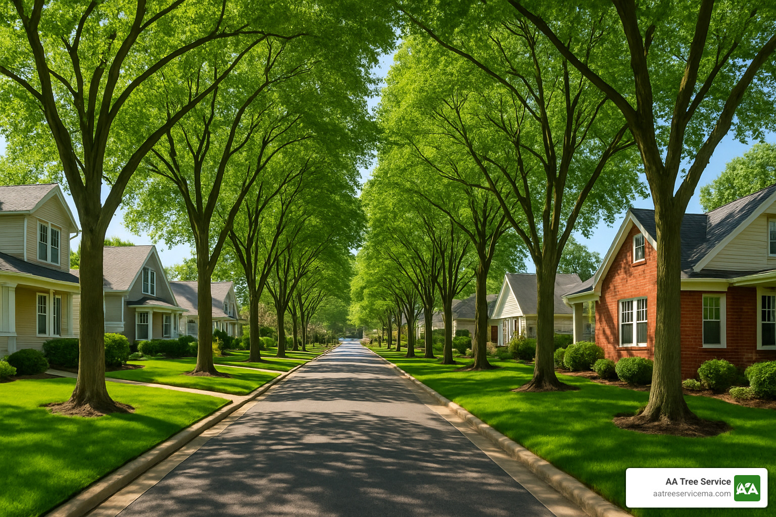 Healthy suburban landscape with properly maintained tree canopy - tree trimming services