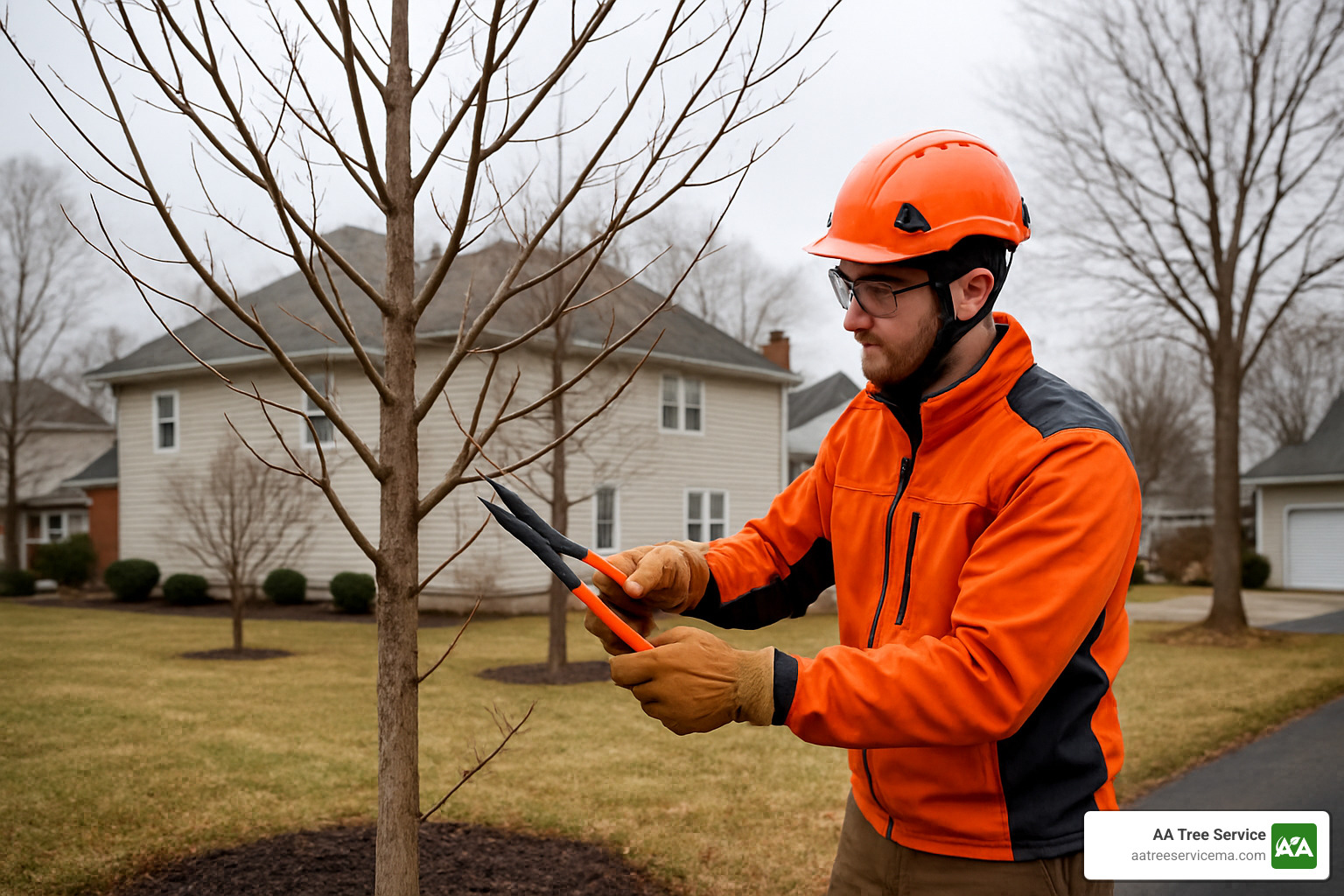 Young tree being properly pruned for structural development - tree trimming services