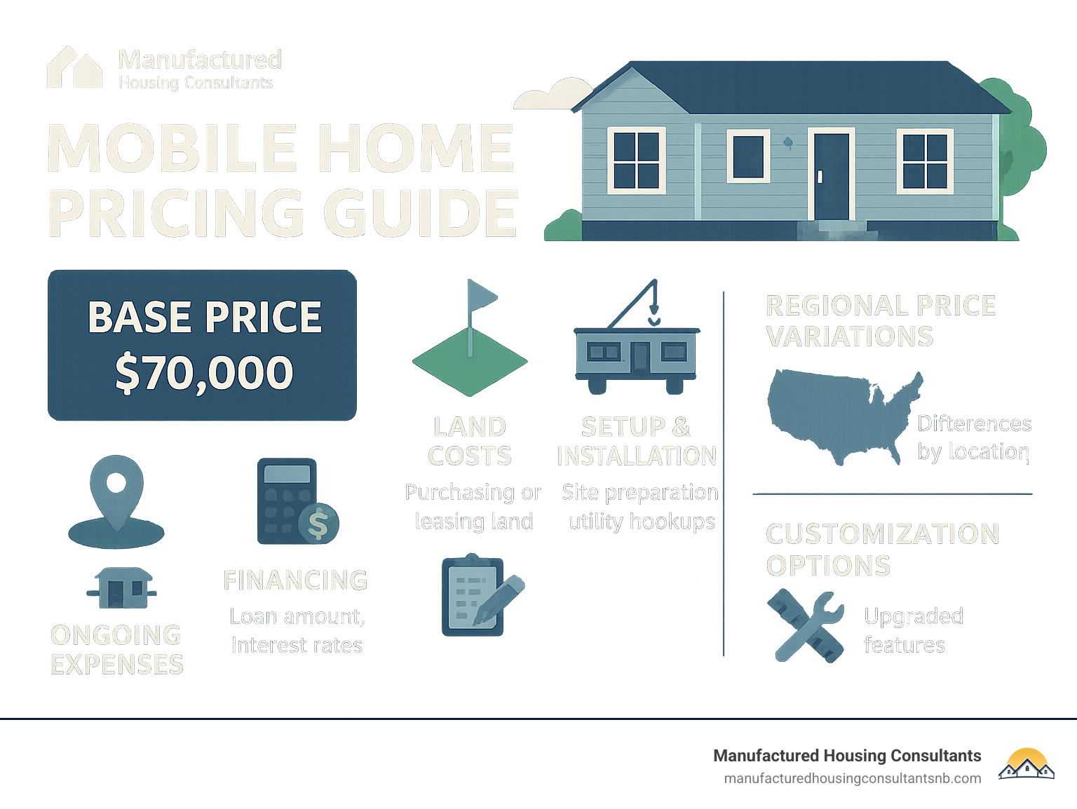 Detailed breakdown of mobile home costs showing base price, land costs, setup fees, financing, and ongoing expenses with regional price variations and customization options - Mobile home pricing guide infographic 