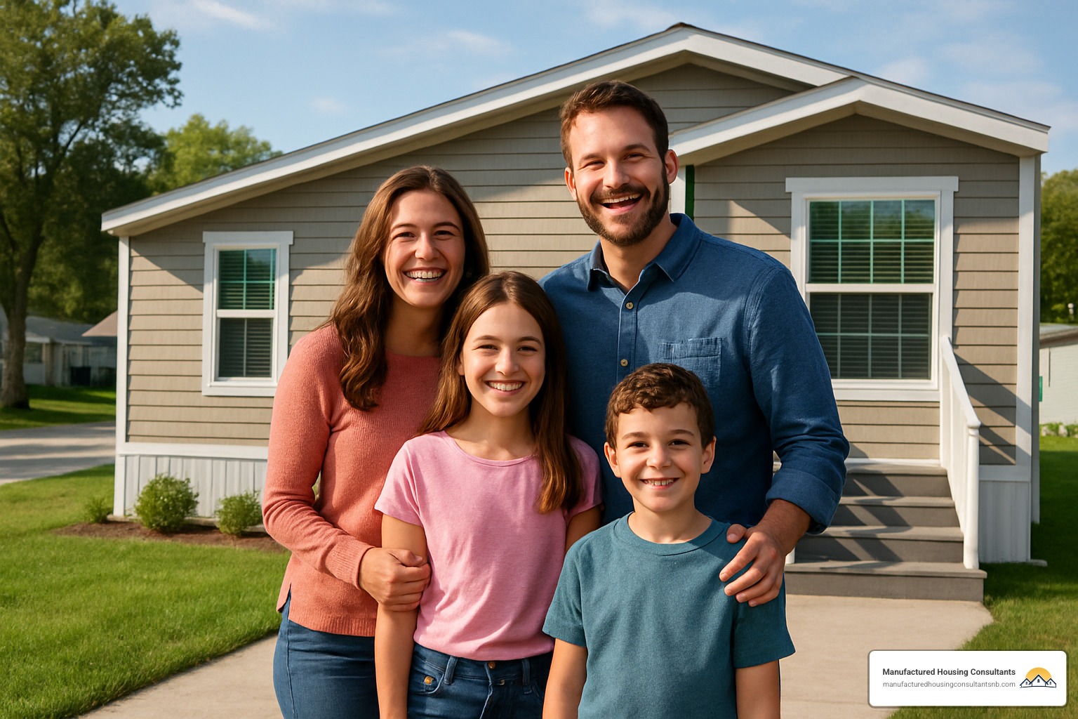 Happy family standing in front of their new manufactured home - Mobile home pricing guide