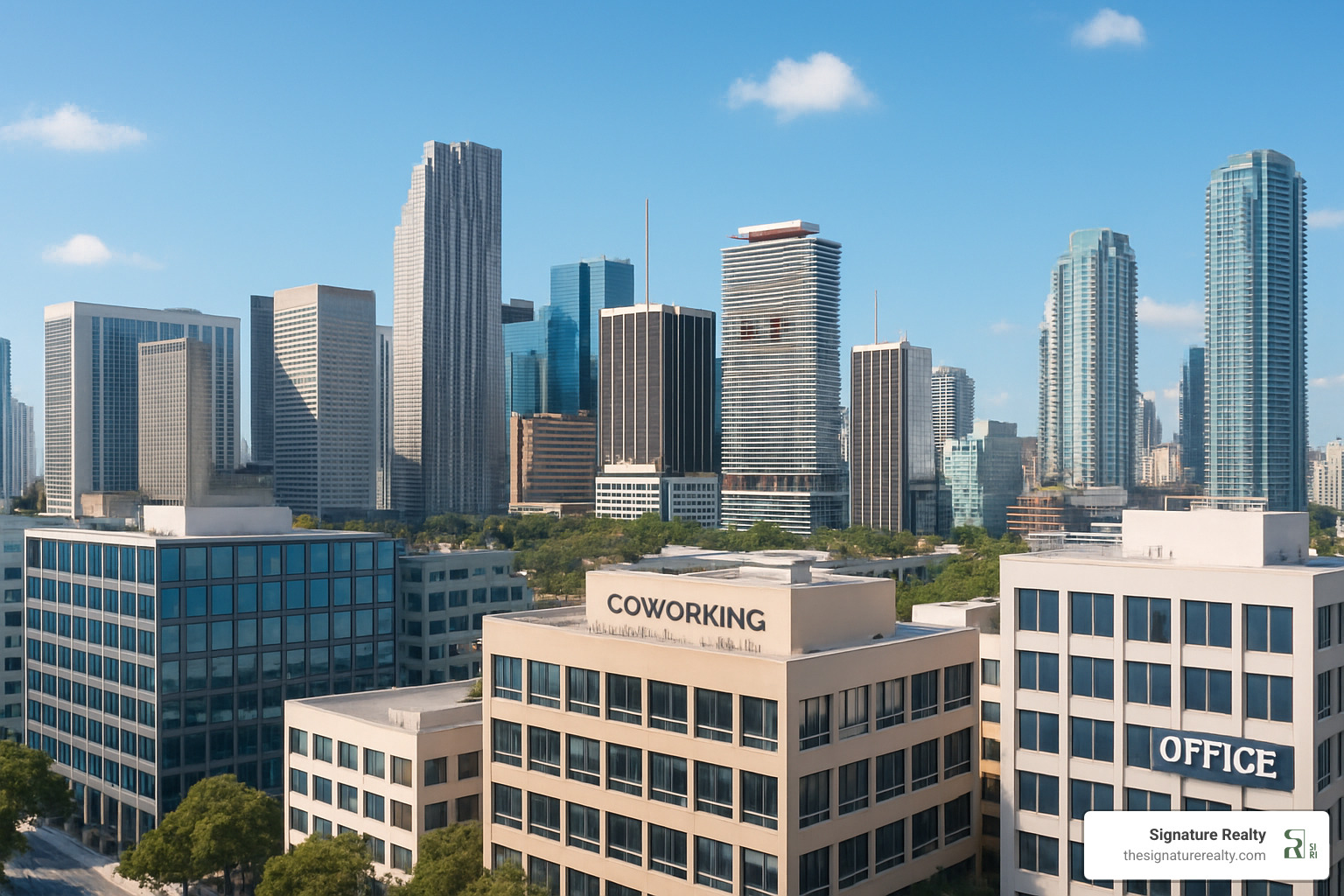 Miami skyline with modern office buildings and coworking spaces - rental work space