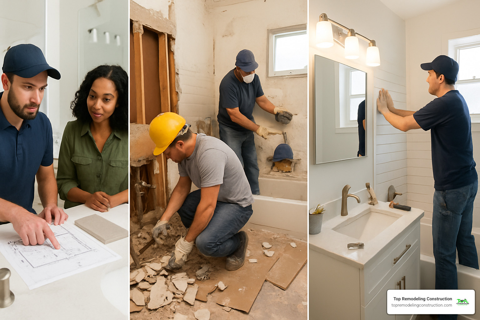 bathroom renovation process showing design consultation, demolition, and installation phases - Bathroom renovation experts