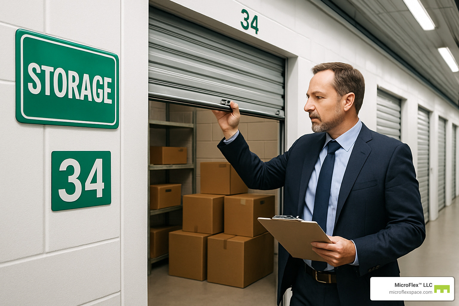 business owner accessing mini warehouse storage unit - mini warehouse storage
