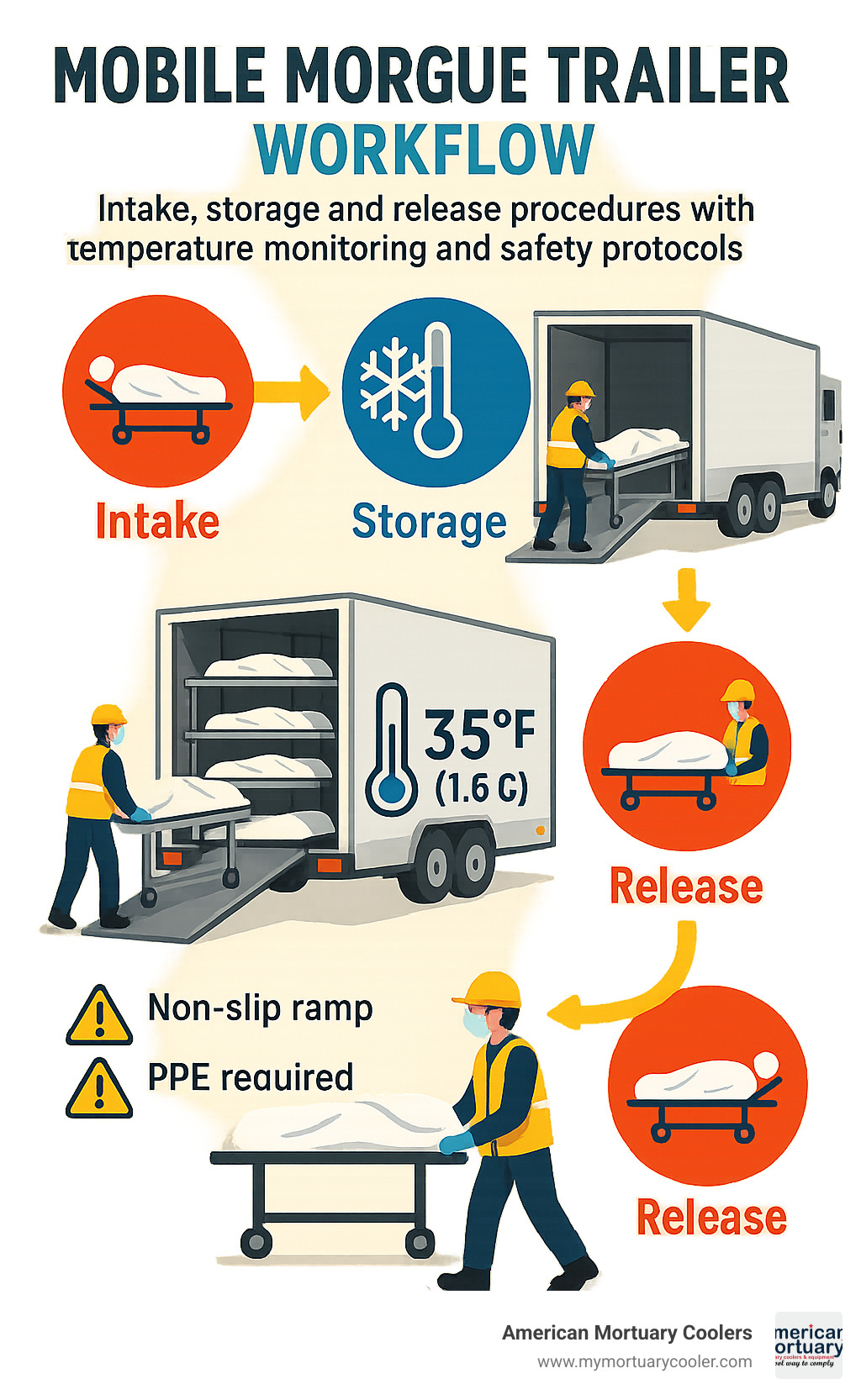 Mobile morgue trailer workflow showing intake, storage and release procedures with temperature monitoring and safety protocols - refrigerated mobile morgue trailer infographic 