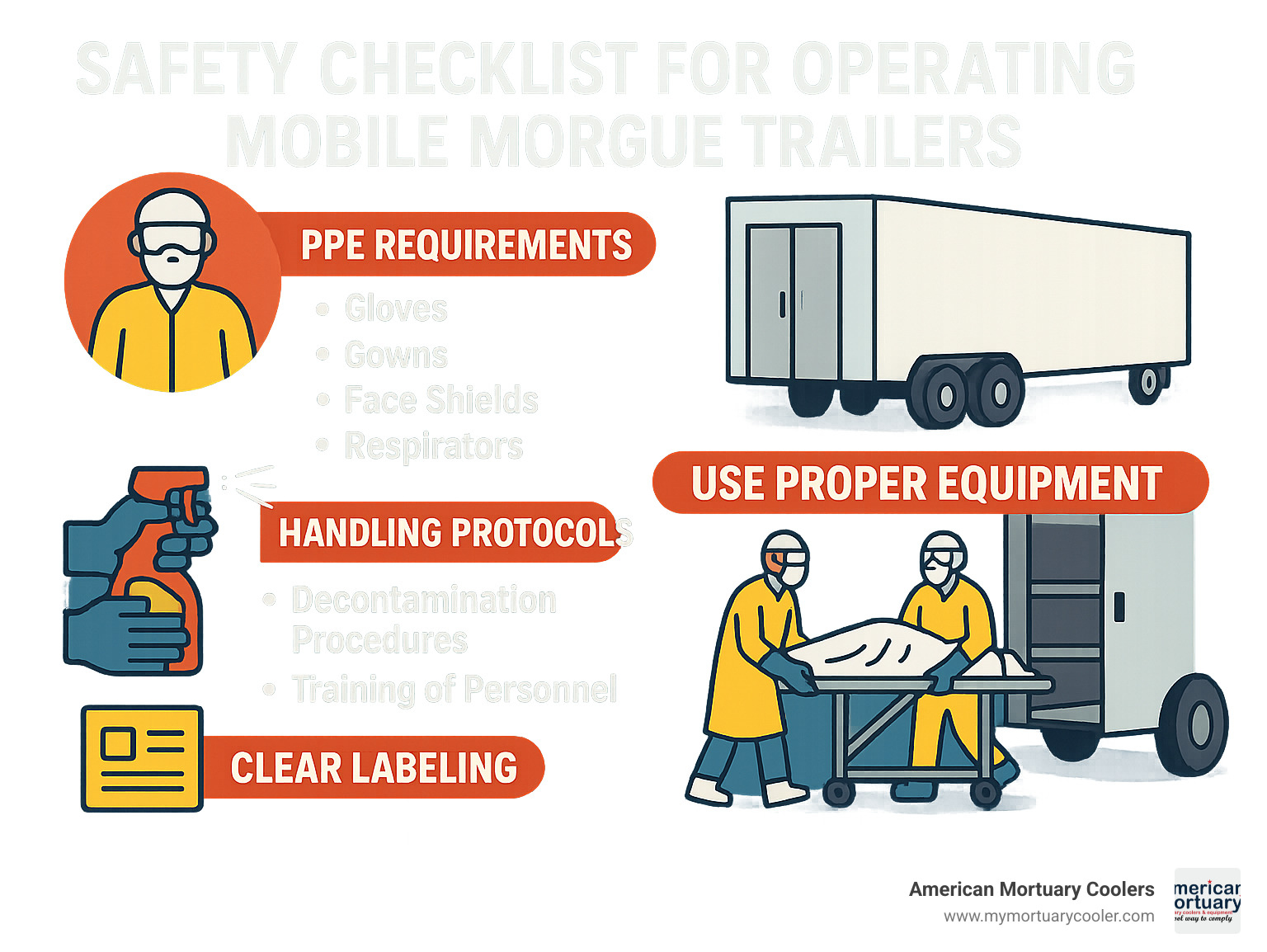 Safety checklist for operating mobile morgue trailers including PPE requirements and handling protocols - refrigerated mobile morgue trailer infographic 