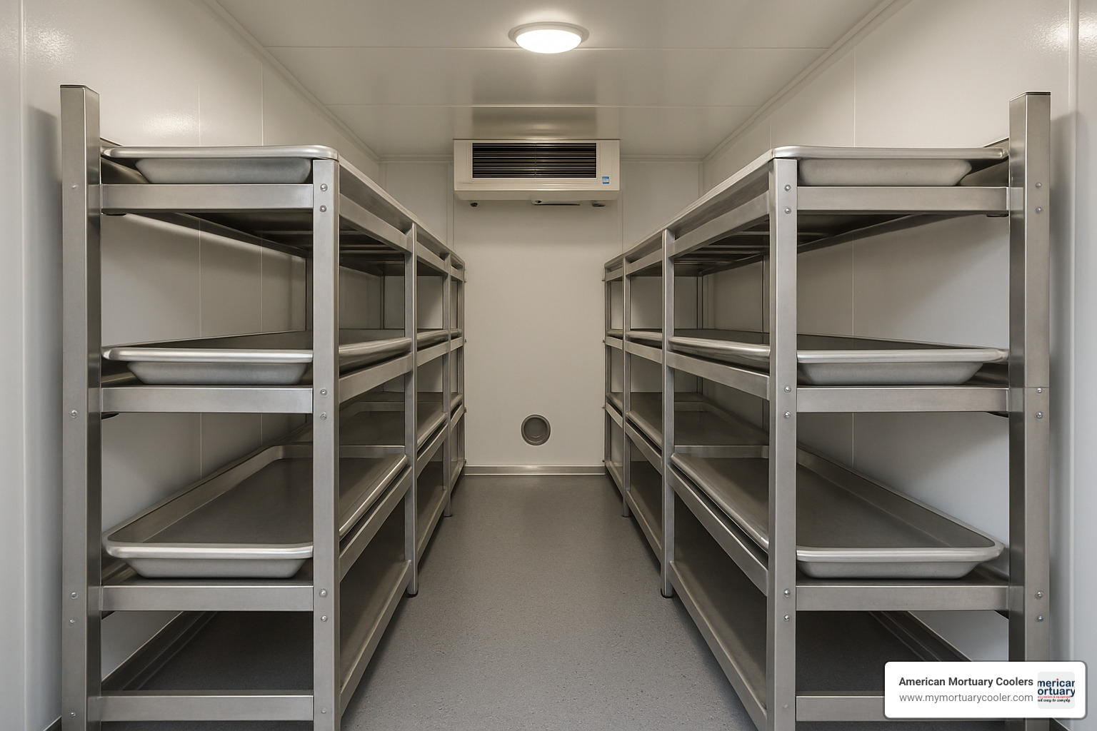 Mobile morgue trailer interior showing racks and refrigeration system - refrigerated mobile morgue trailer