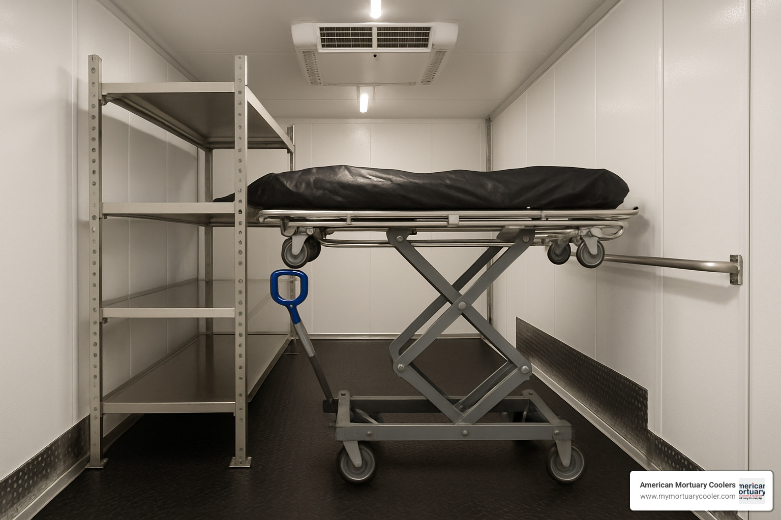 Cadaver lift system for safe handling in mobile morgue trailers - refrigerated mobile morgue trailer