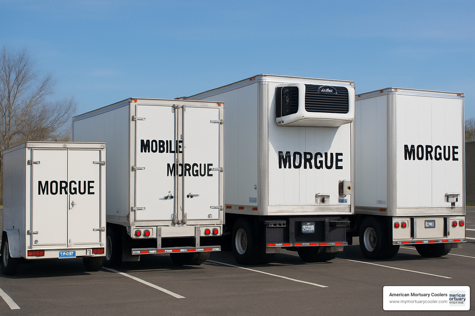 Different types of mobile morgue trailers lined up - refrigerated mobile morgue trailer
