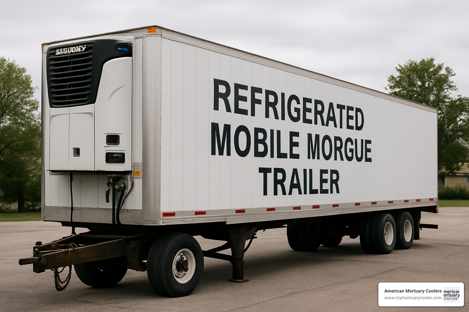 Container-based mobile morgue system setup - refrigerated mobile morgue trailer