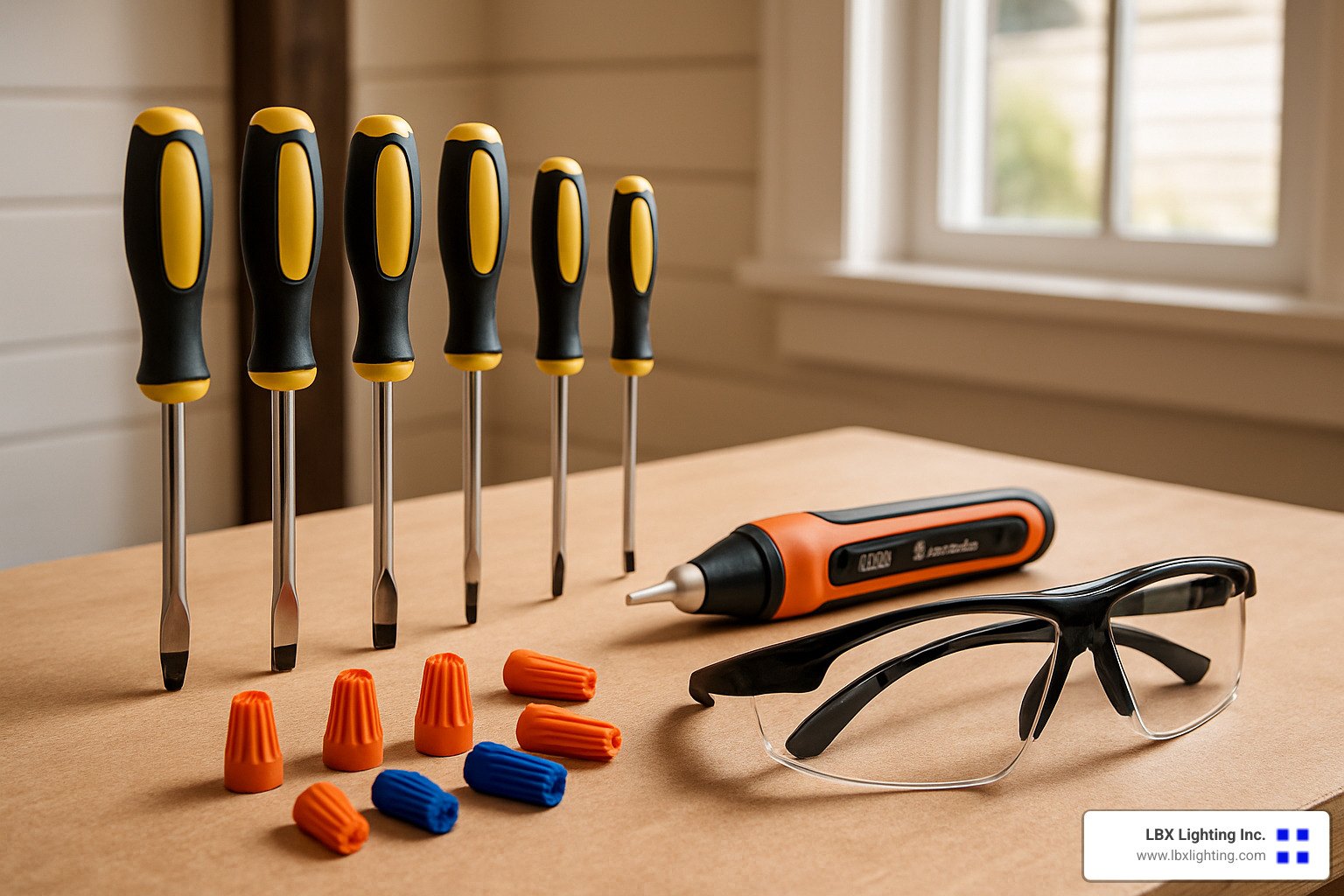 toolkit with screwdrivers, wire nuts, voltage tester and safety glasses - ceiling fan repair