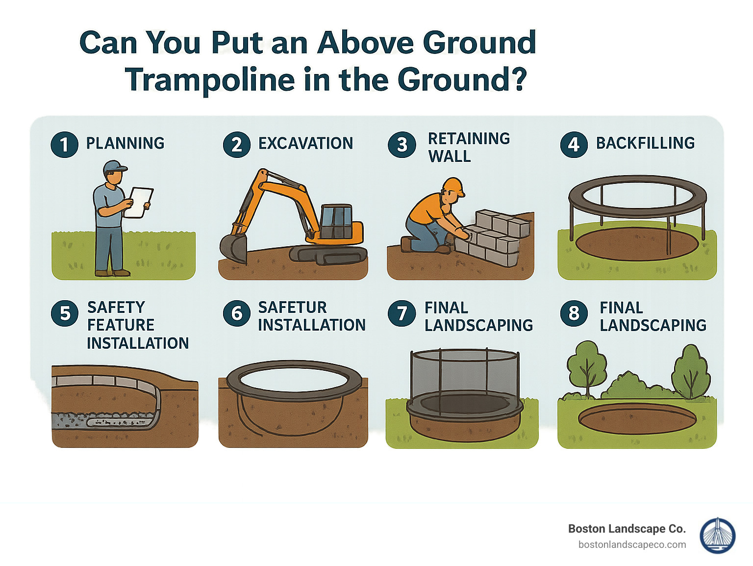 8-step installation process showing planning, excavation, drainage installation, retaining wall construction, frame placement, backfilling, safety feature installation, and final landscaping - can you put an above ground trampoline in the ground infographic 