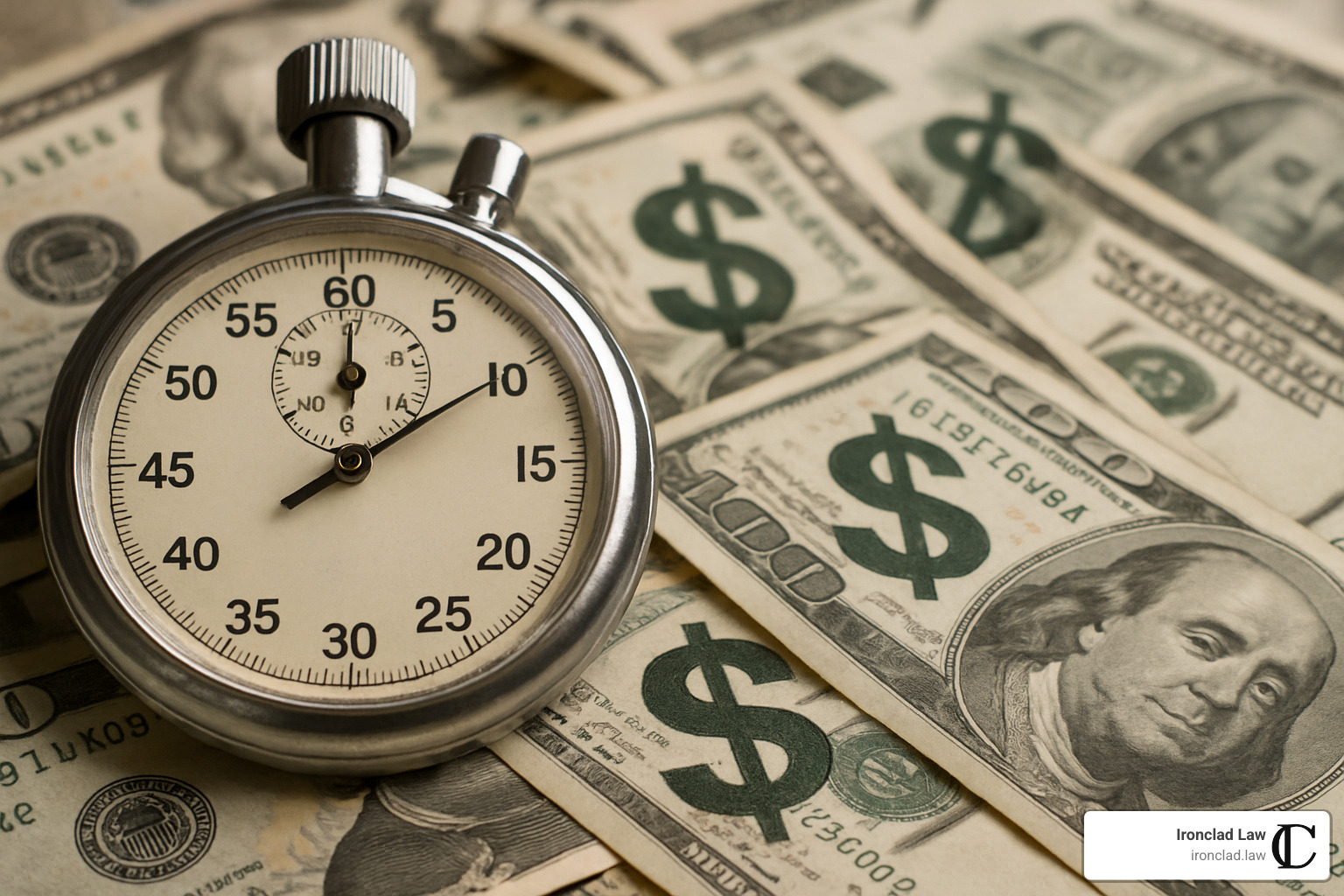 stopwatch and dollar signs representing exam time and costs - series 7 and series 63