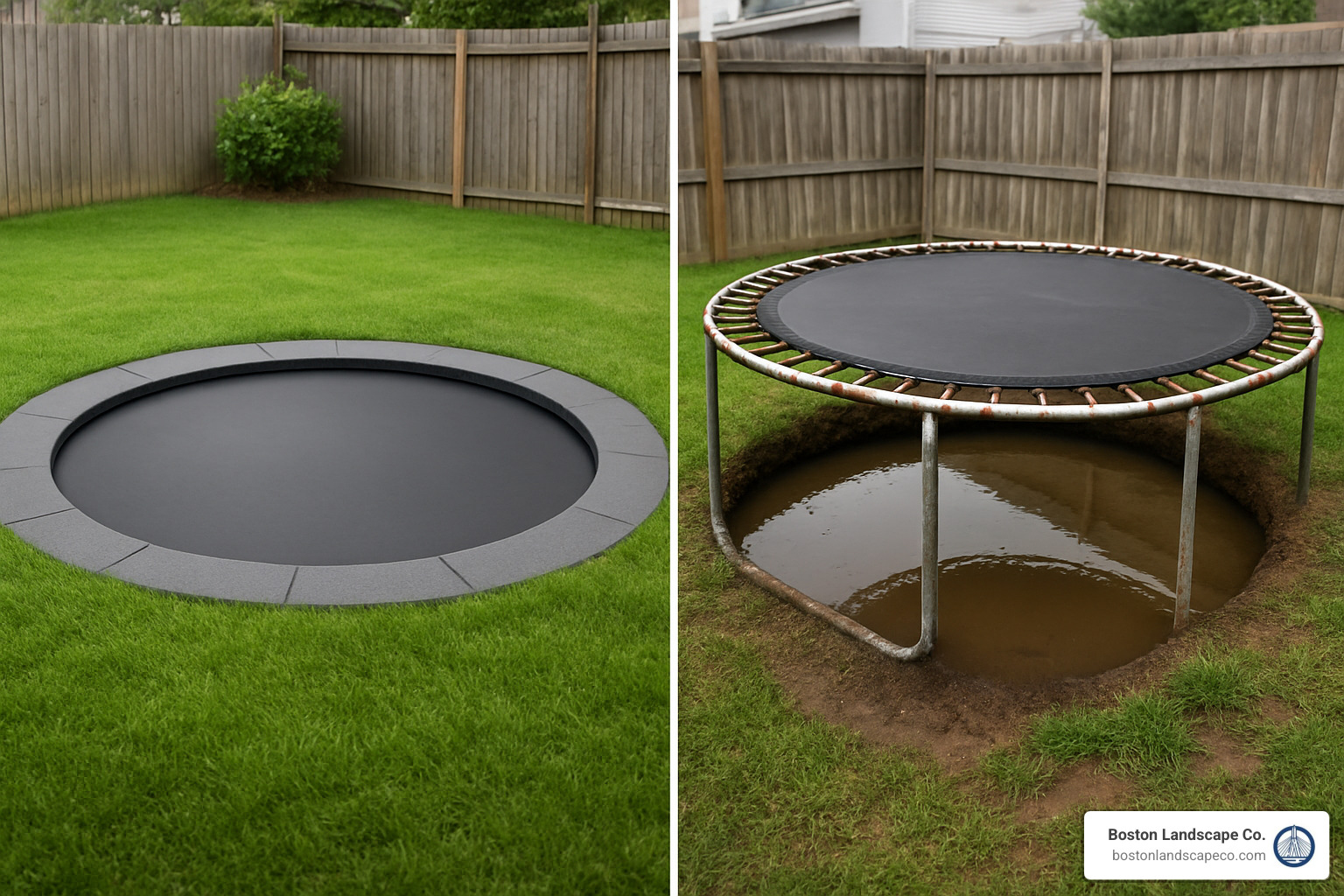 comparison of purpose-built in-ground trampoline next to modified above-ground model - can you put an above ground trampoline in the ground