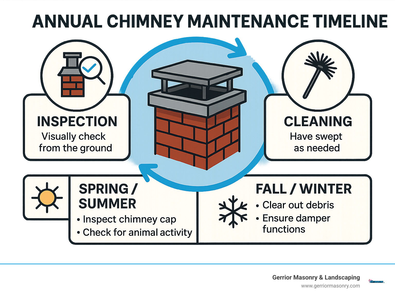Cover Your Bases with the Best Chimney Chase Cover Replacement Near You 6 Annual chimney maintenance timeline showing inspection schedule, cleaning recommendations, and seasonal care tips - chimney chase cover replacement near me infographic