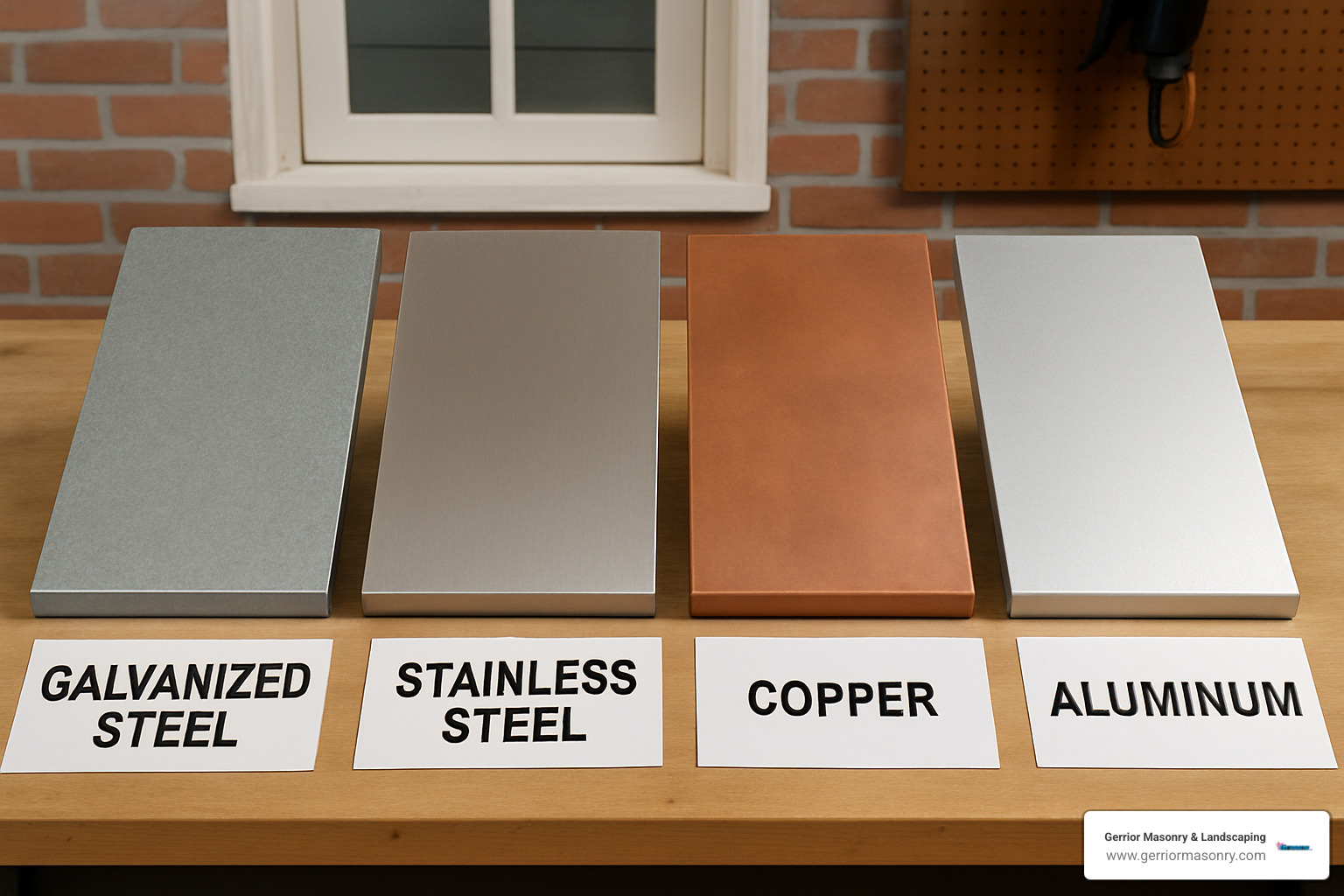 Cover Your Bases with the Best Chimney Chase Cover Replacement Near You 3 Samples of different chimney chase cover materials - galvanized steel, stainless steel, copper, and aluminum - chimney chase cover replacement near me