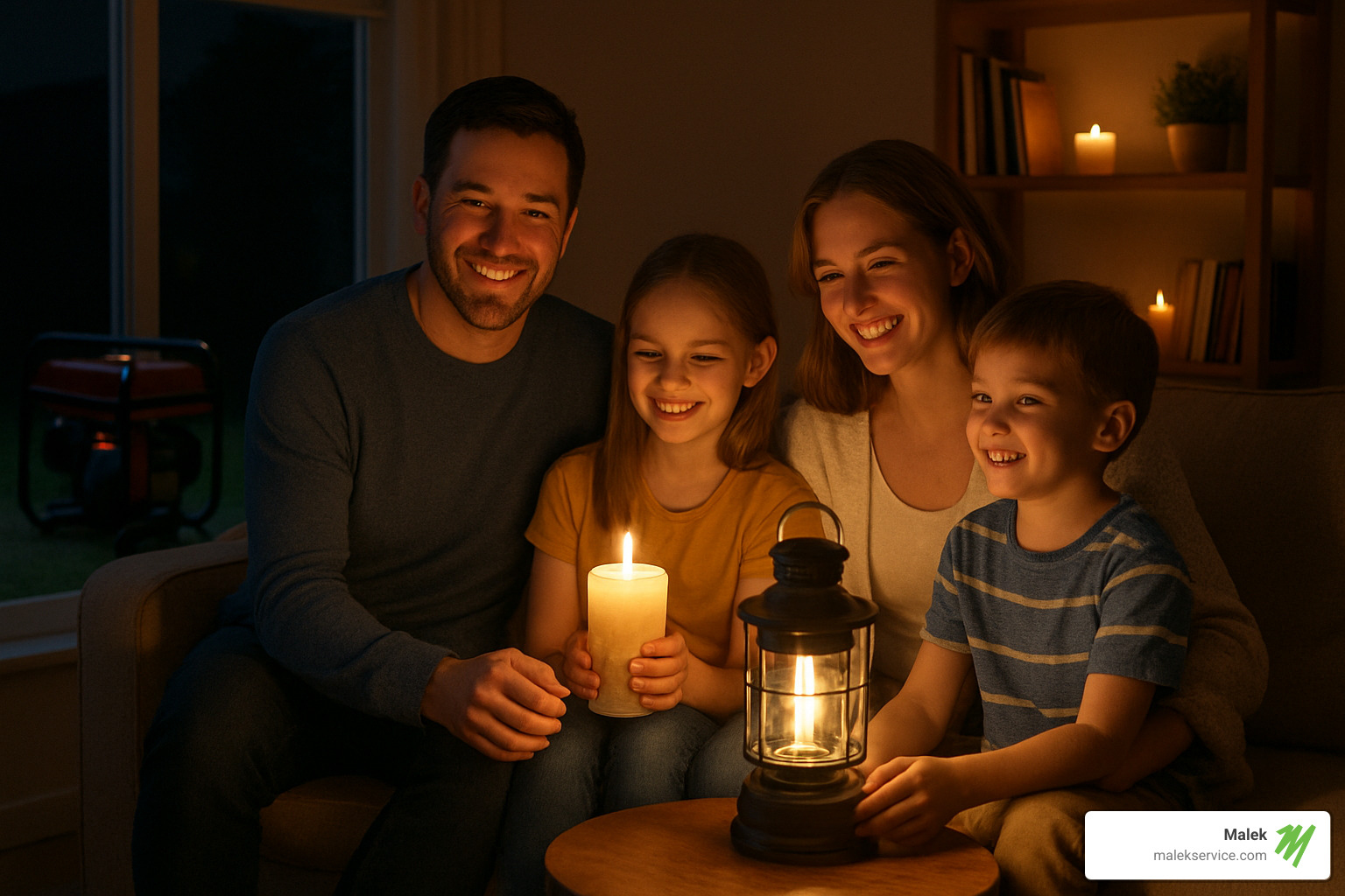 happy family with lights on during power outage - generator installation houston