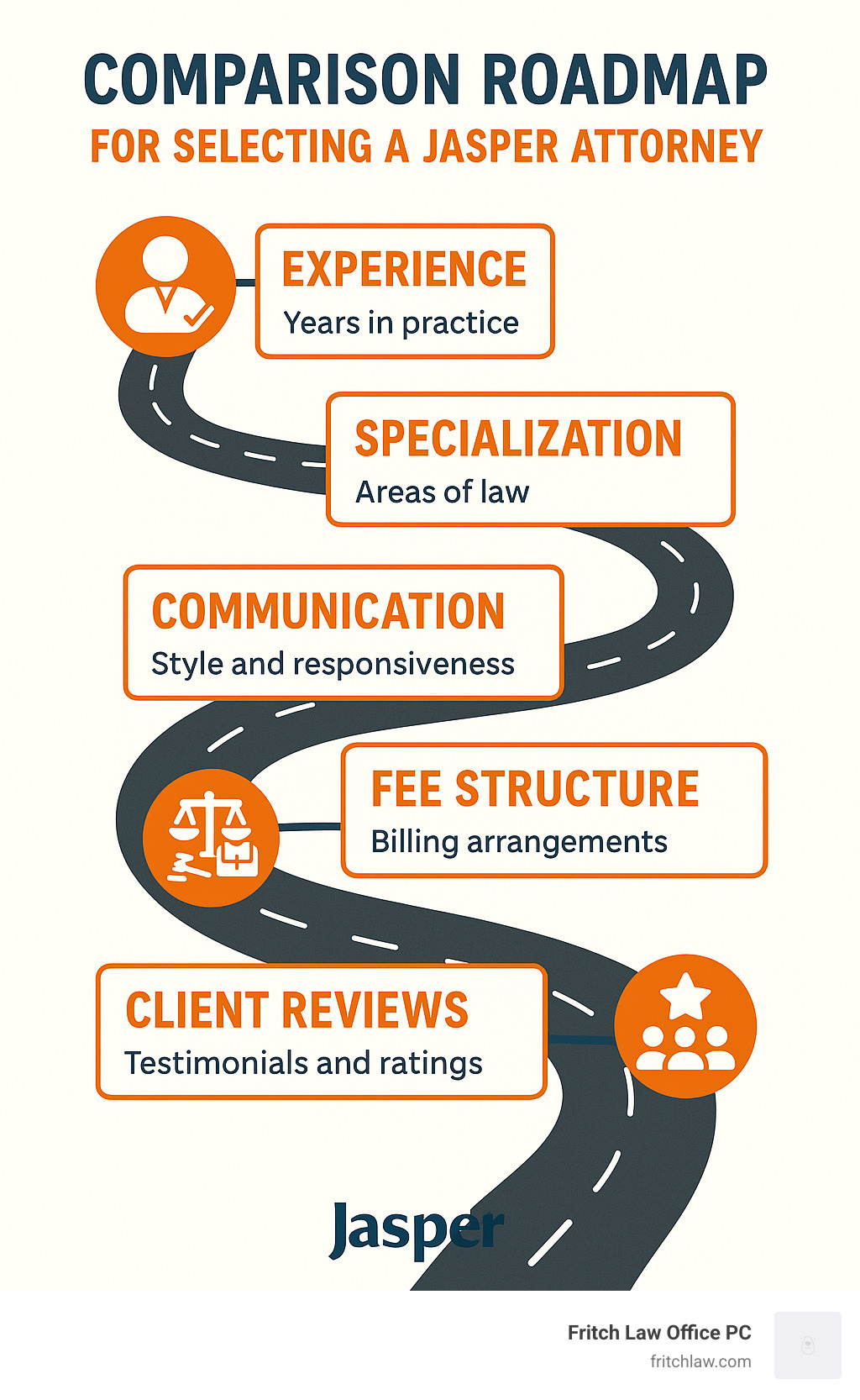 Comparison roadmap for selecting a jasper attorney showing experience, specialization, communication style, fee structure, and client reviews as key decision factors - jasper attorney infographic 