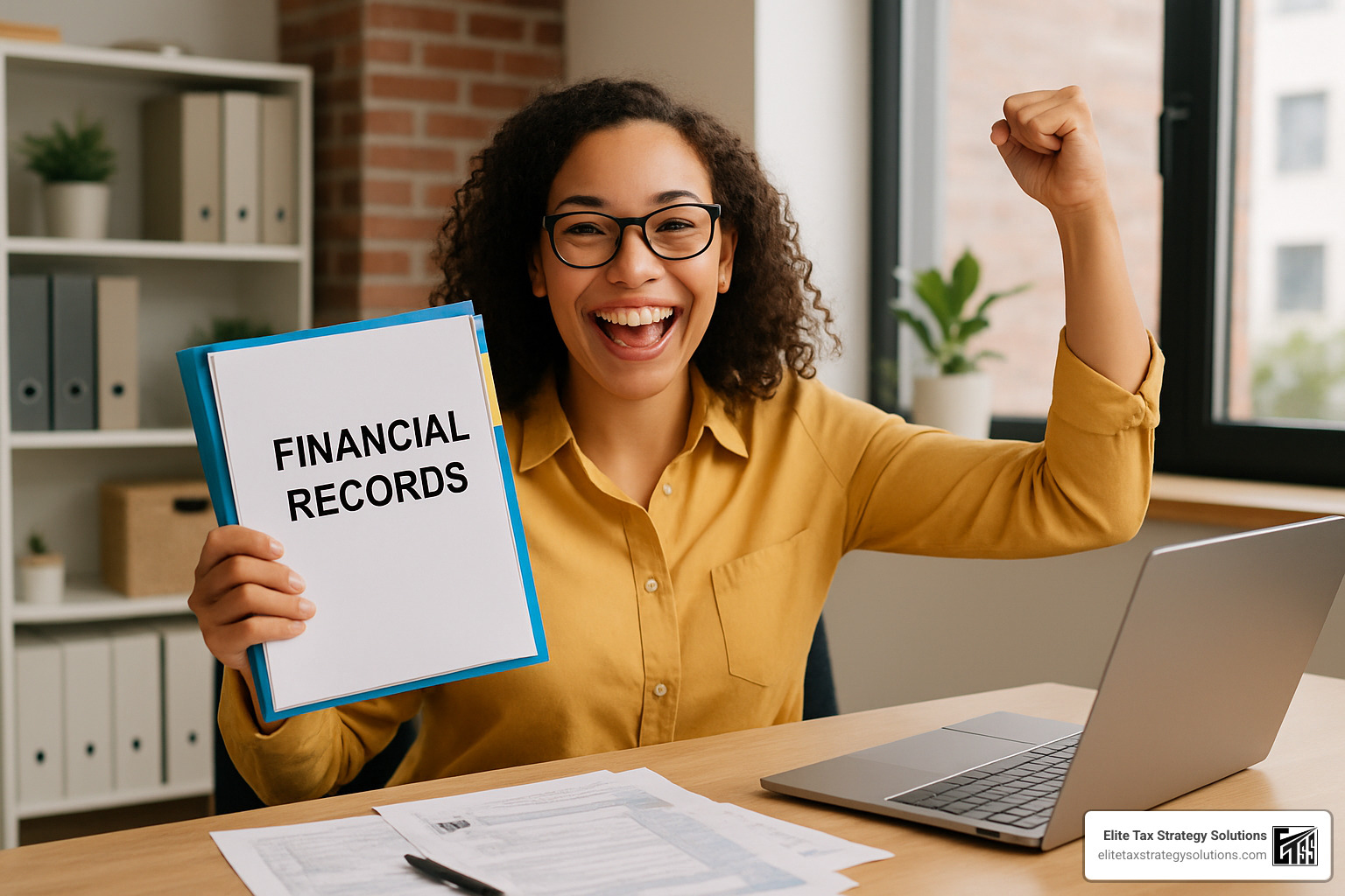 Business owner celebrating tax savings with organized records - small business tax savings strategies