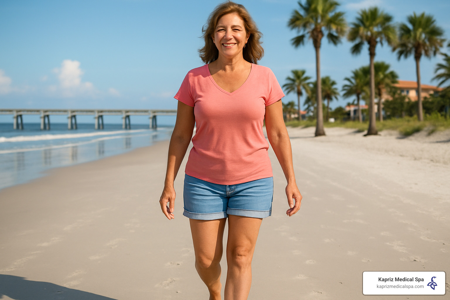 happy patient enjoying Jacksonville beach after successful vein treatment - Endovenous laser therapy Jacksonville
