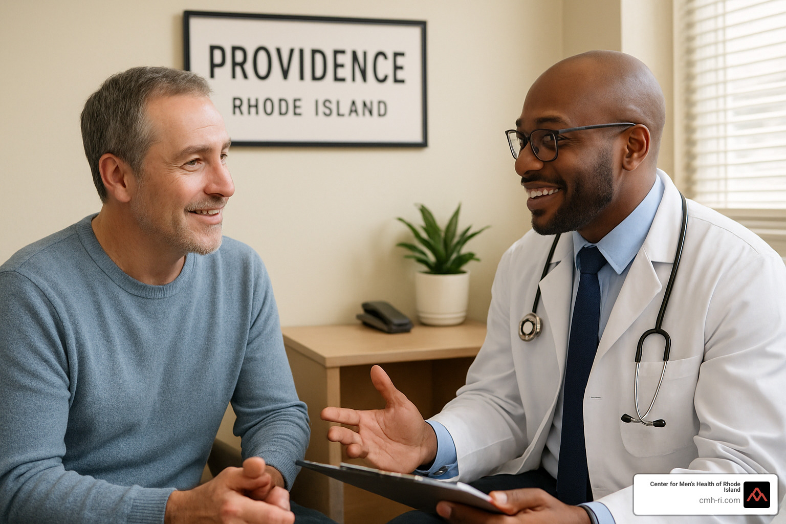 man discussing testosterone treatment options with doctor - sexual wellness providence rhode island