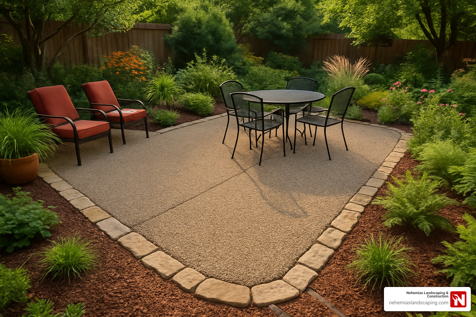 Permeable gravel patio with stone border showing eco-friendly drainage design - garden patio layers