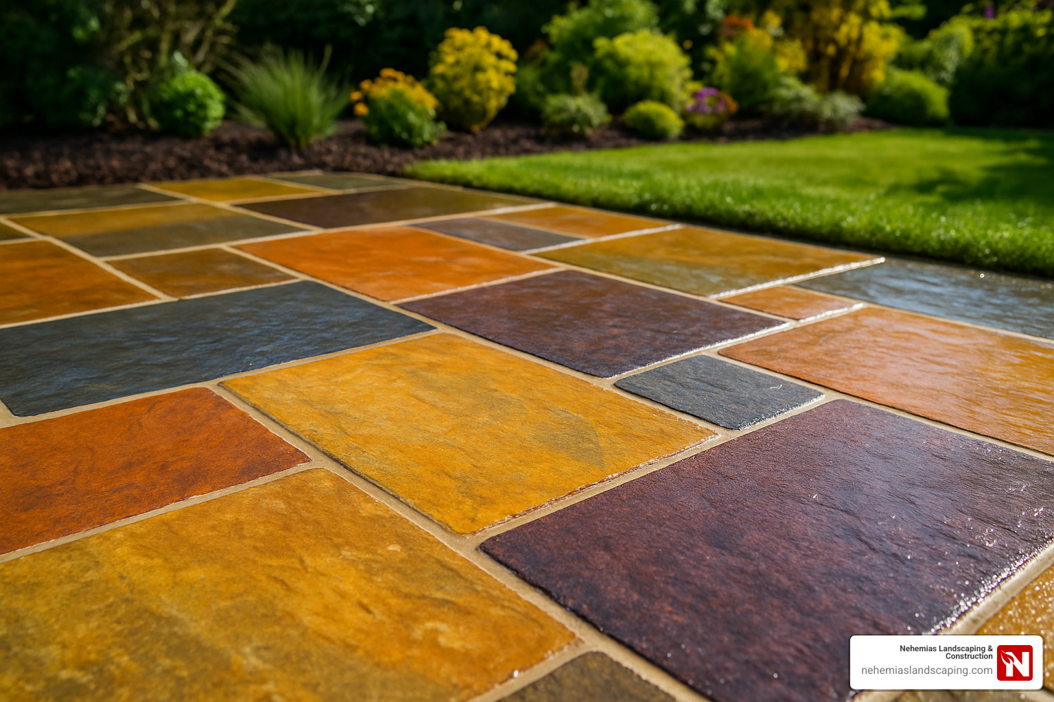 Sealed natural stone patio with proper maintenance showing vibrant colors and clean joints - garden patio layers