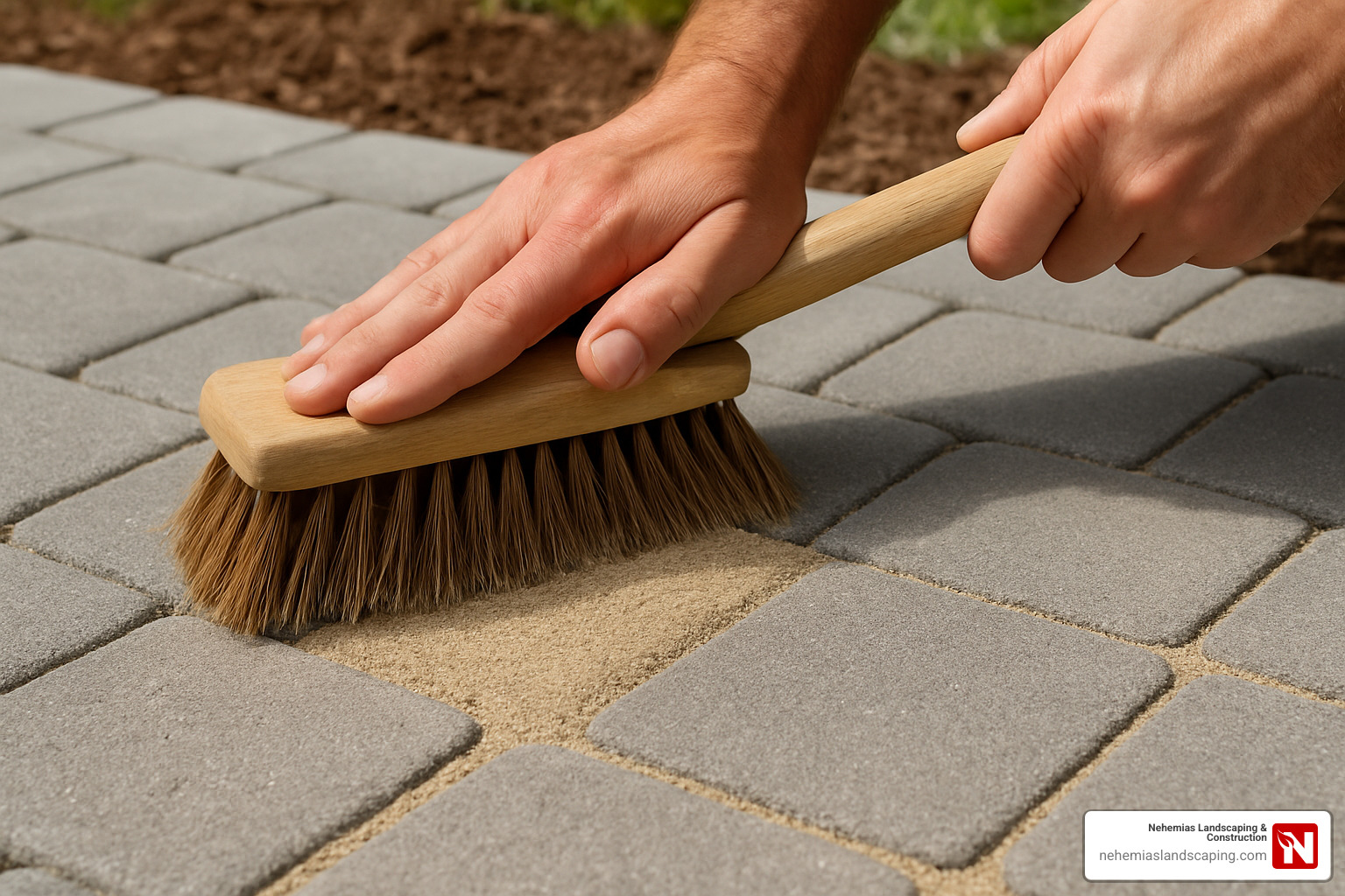 Close-up of proper jointing technique with polymeric sand being swept into paver joints - garden patio layers