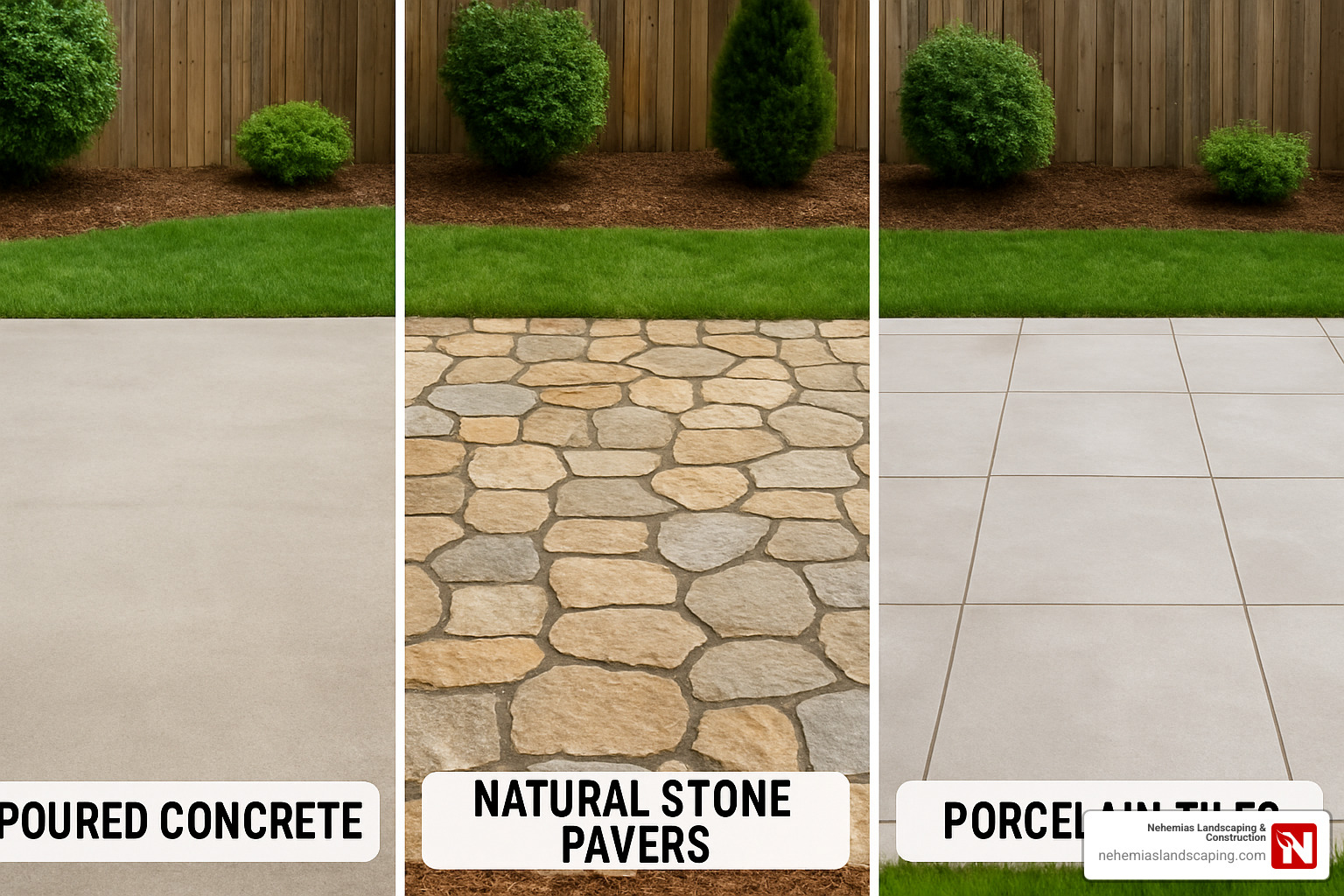 Comparison of different patio materials including concrete, natural stone, and porcelain - garden patio layers