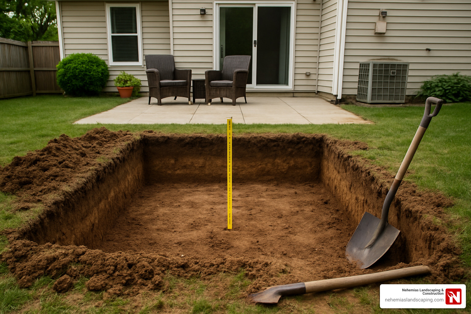 Garden excavation with proper depth markings for patio installation - garden patio layers