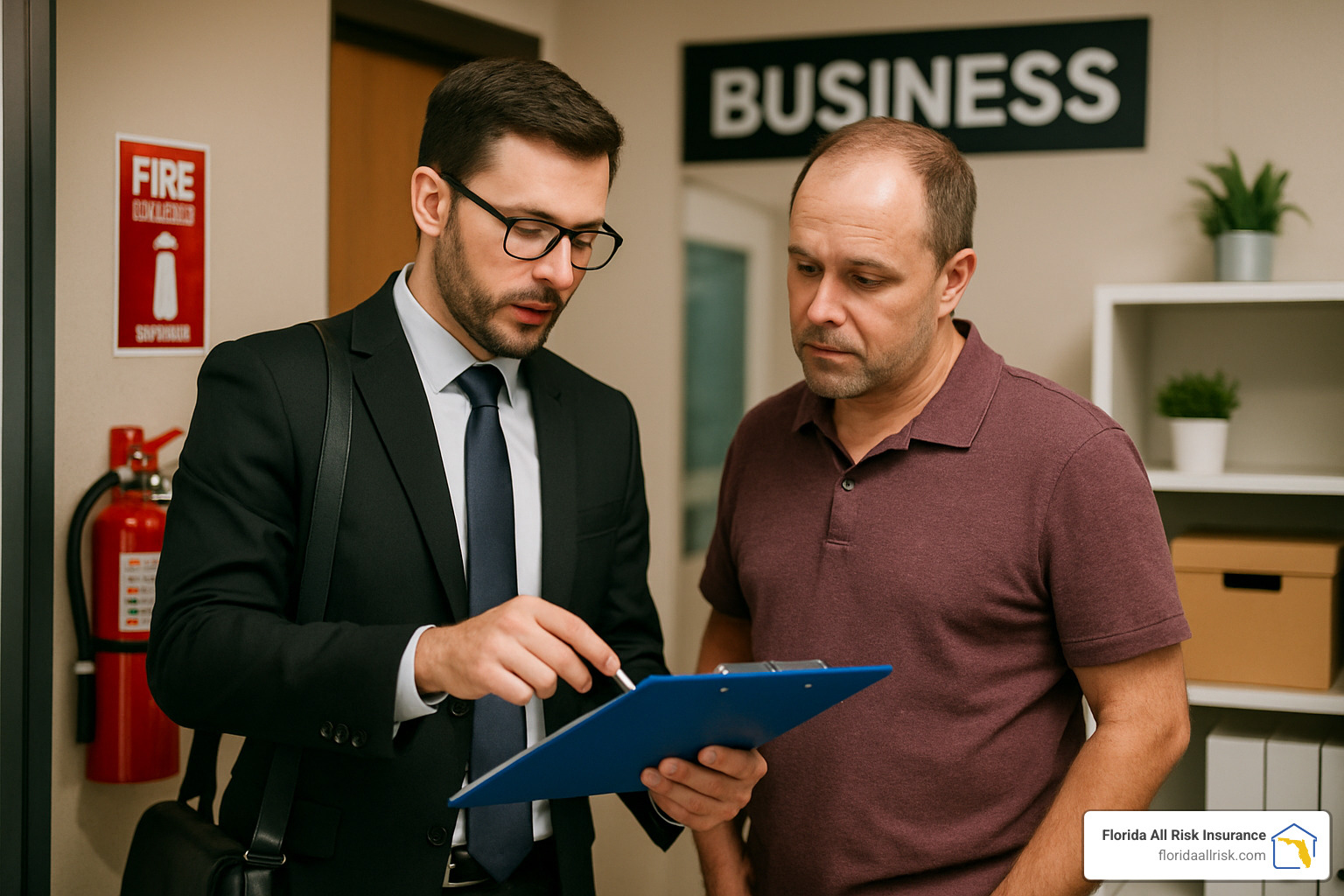 insurance agent conducting a risk control visit at a business - independent business insurance agents