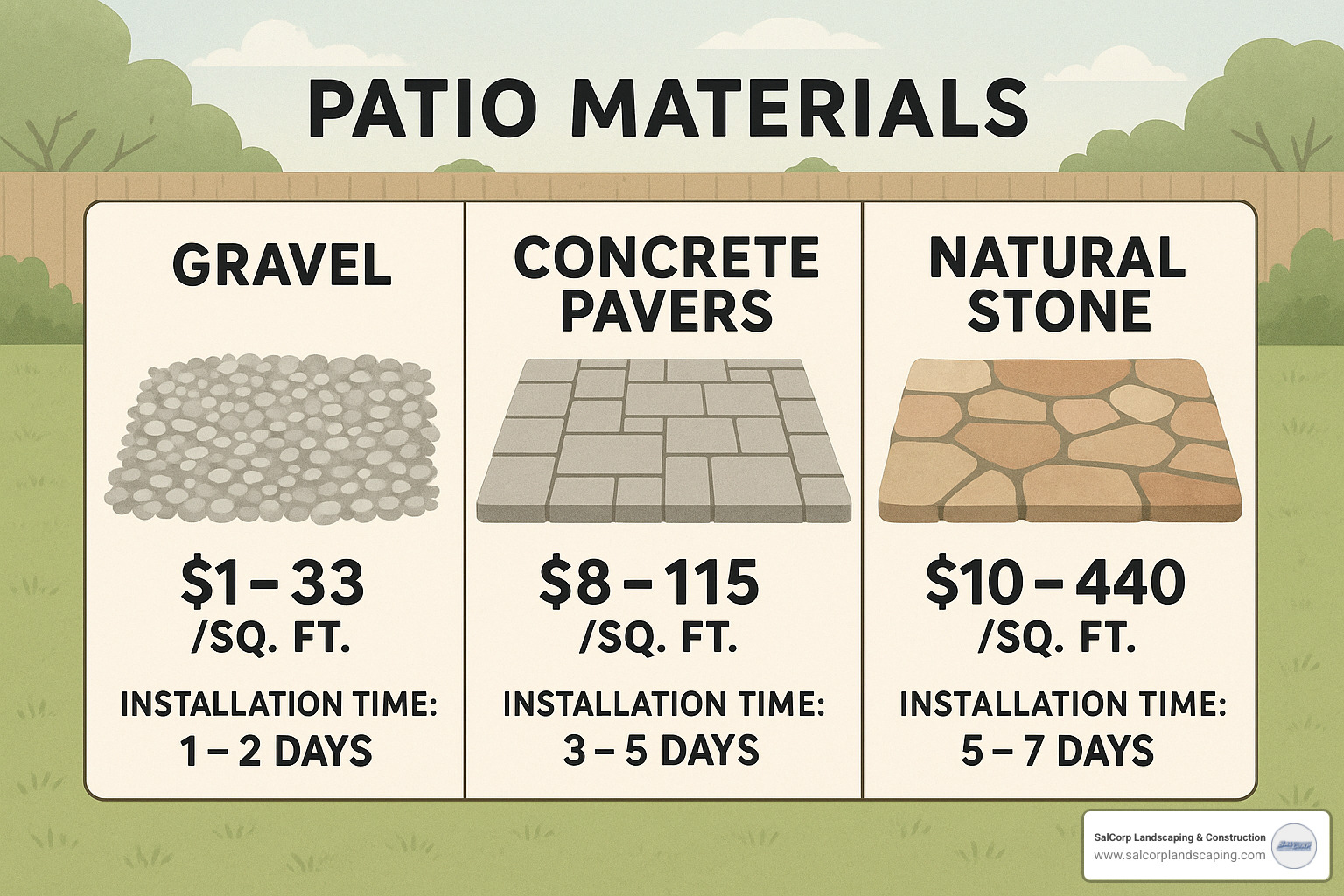 comparison of different patio materials with cost and installation time - patio build