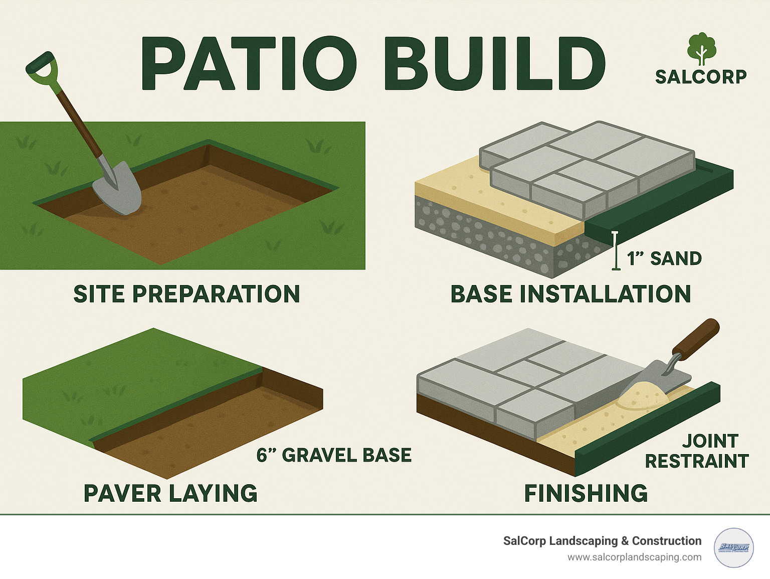 Detailed patio build process showing site preparation, base installation, paver laying, and finishing steps with proper measurements for each layer - patio build infographic 